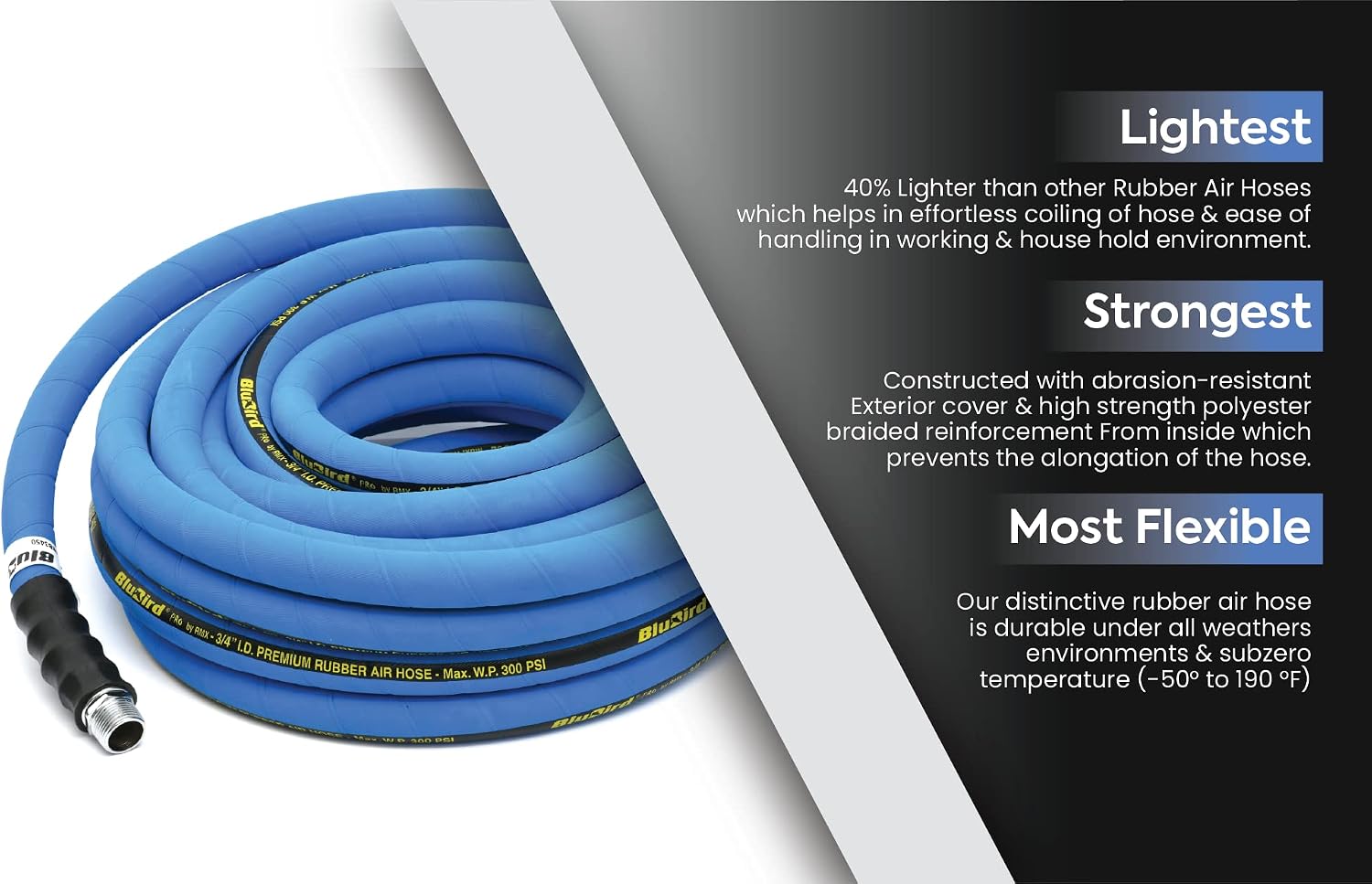 BLUBIRD BB3450 3/4" x 50' Rubber Air Hose, 100% Rubber, Lightest, Strongest, Most Flexible, 300 PSI, 50F to 190F Degrees, Ozone Resistant, High Strength Polyester Braided | Heavy Duty Reinforced Air Hose With 300 PSI Rating, Flexible Design, Kink Resista…