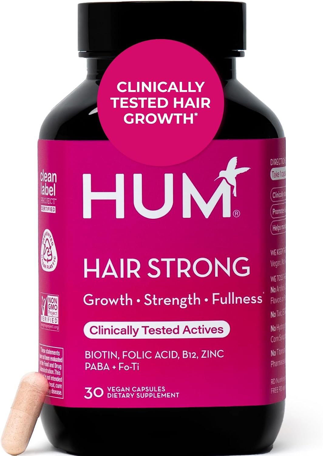 HUM Hair Strong Strawberry Gummies, Hair Growth Support, 60 Count | Folic Acid, Fo-Ti Root Extract, Biotin, Zinc & B12, Vegan Strawberry Gummies, Women & Men
