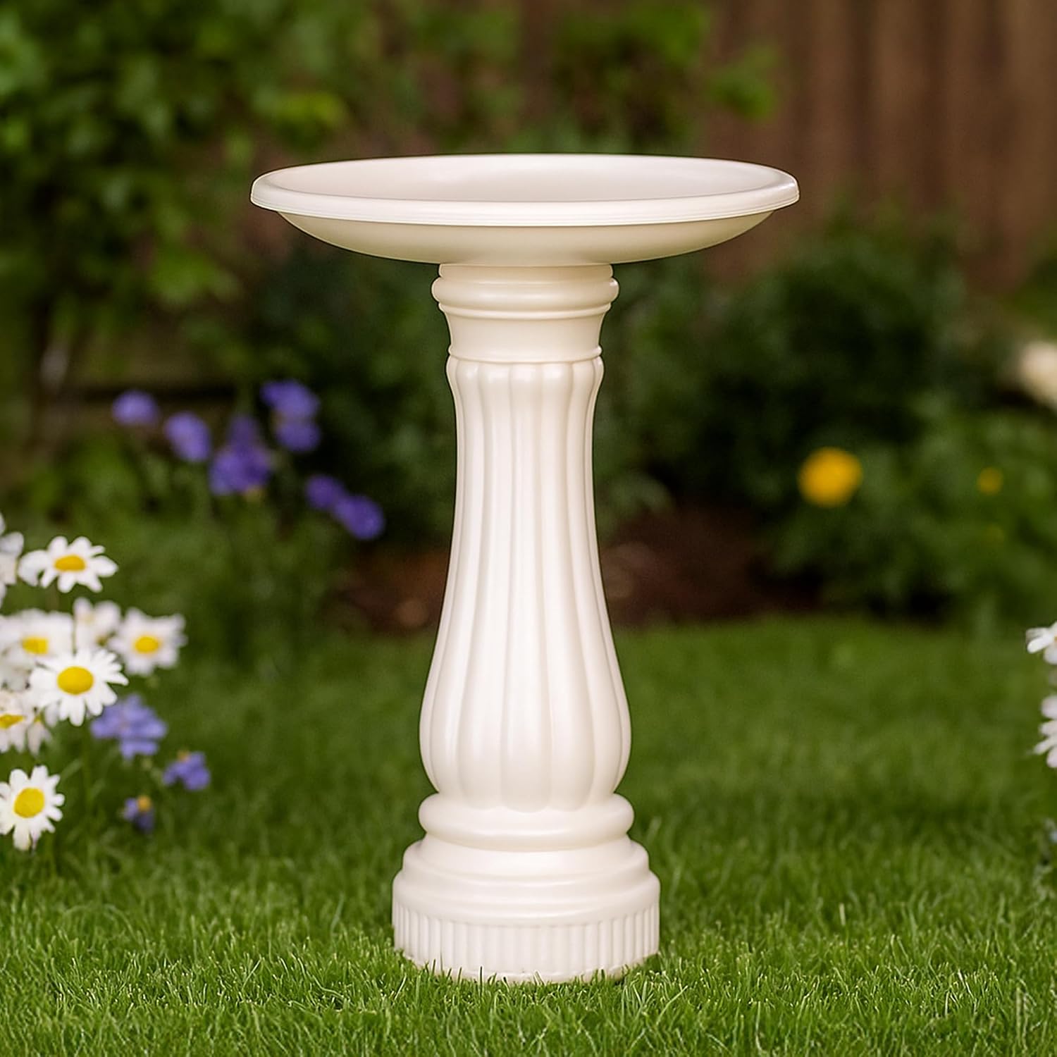Union Products Bird Bath for Outside, Round Outdoor Patio Lawn and Garden Decor with Fillable Base for Stability, 17"D x 25"H, White