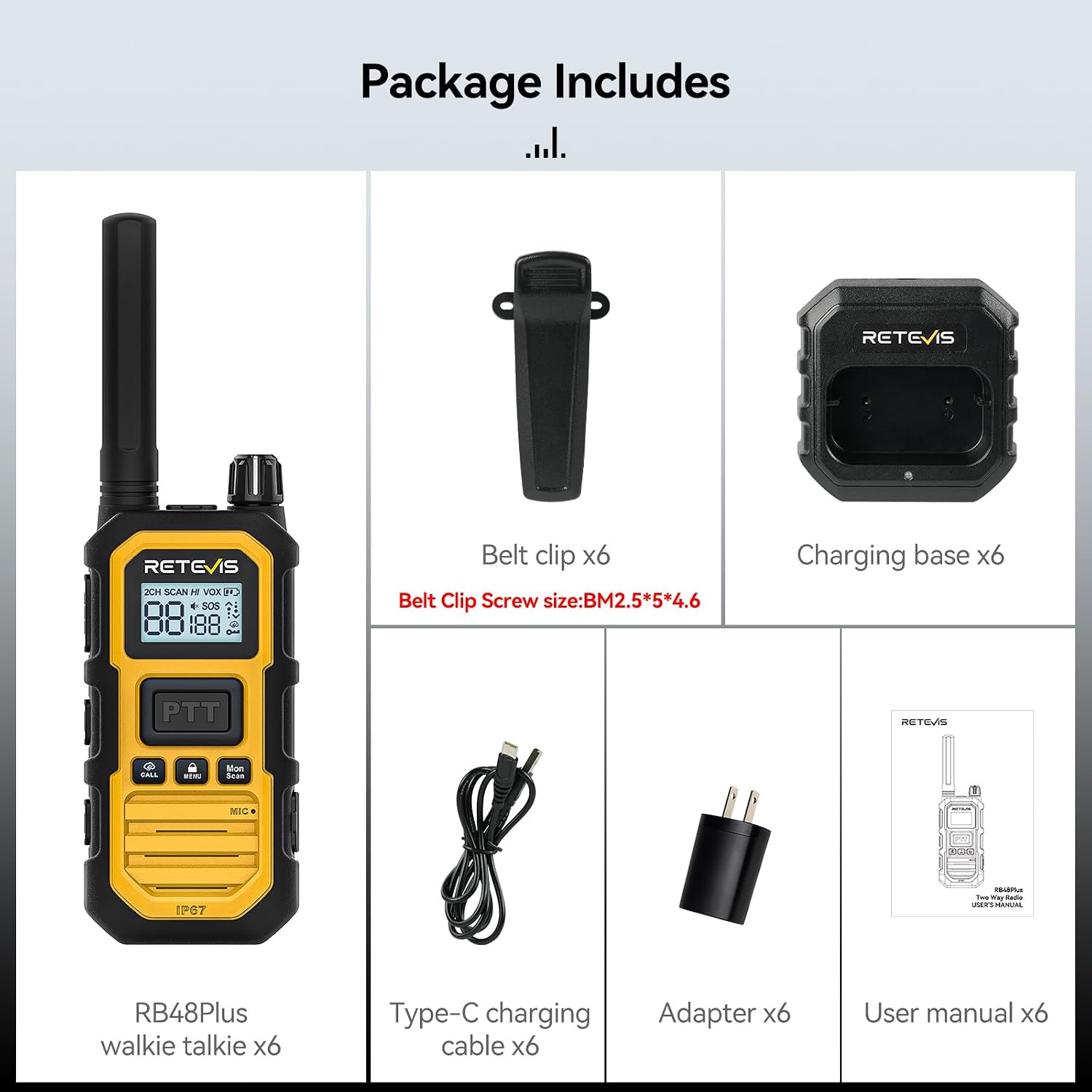 Retevis RB48 Plus Waterproof Walkie Talkies Long Range,GMRS Radios (6 Pack) | with 6-Way Charger,Heavy Duty,Rechargeable Two Way Radios,Connected Repeater,Dustproof,Shock Resistant,NOAA,Emergency Radios