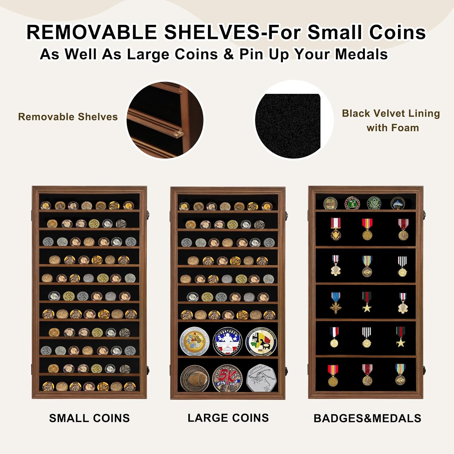 Jinchuan Military Challenge Coin Display Case Lockable Cabinet Rack Holder Shadow Box with Removable 2 Grooves Shelves and Anti Dust Door for Casino