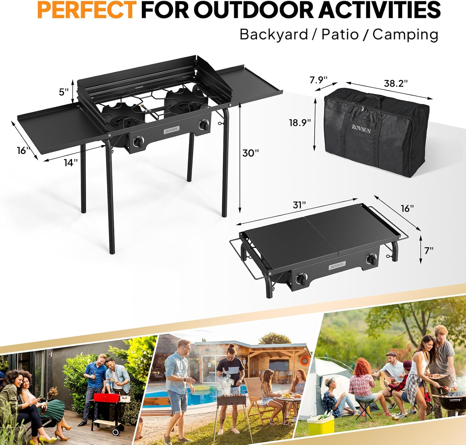 ROVSUN 2 Burner Outdoor Propane Gas Stove with Adjustable Regulator, 150,000 BTU High Pressure Stand Cooker for Backyard Cooking Camping Home Brewing Canning Turkey Frying
