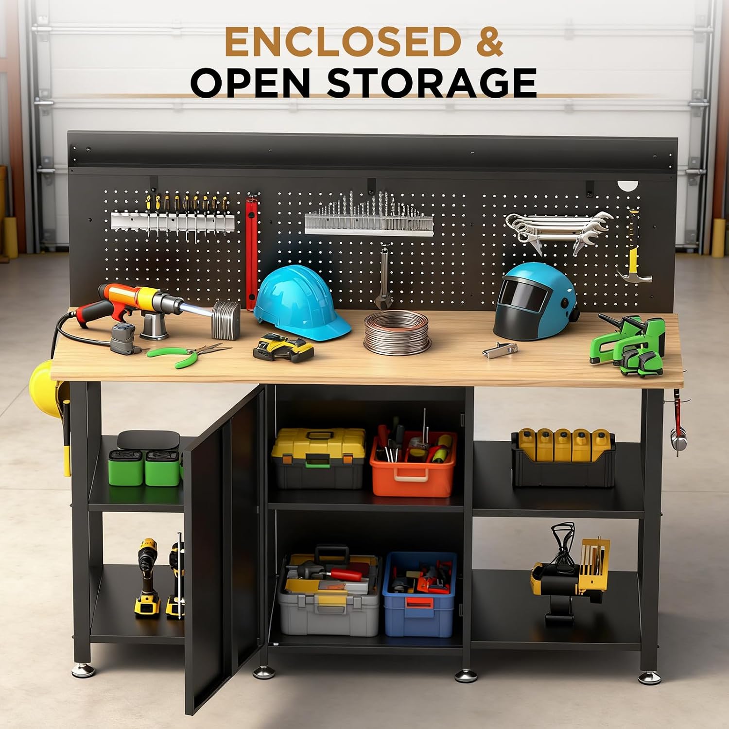 60 Inch Heavy Duty Workbench with Storage Cabinet, Wooden Top, 2000 lbs Capacity, Garage Work Table with Pegboard, Power Outlet, Leveling Feet, Black