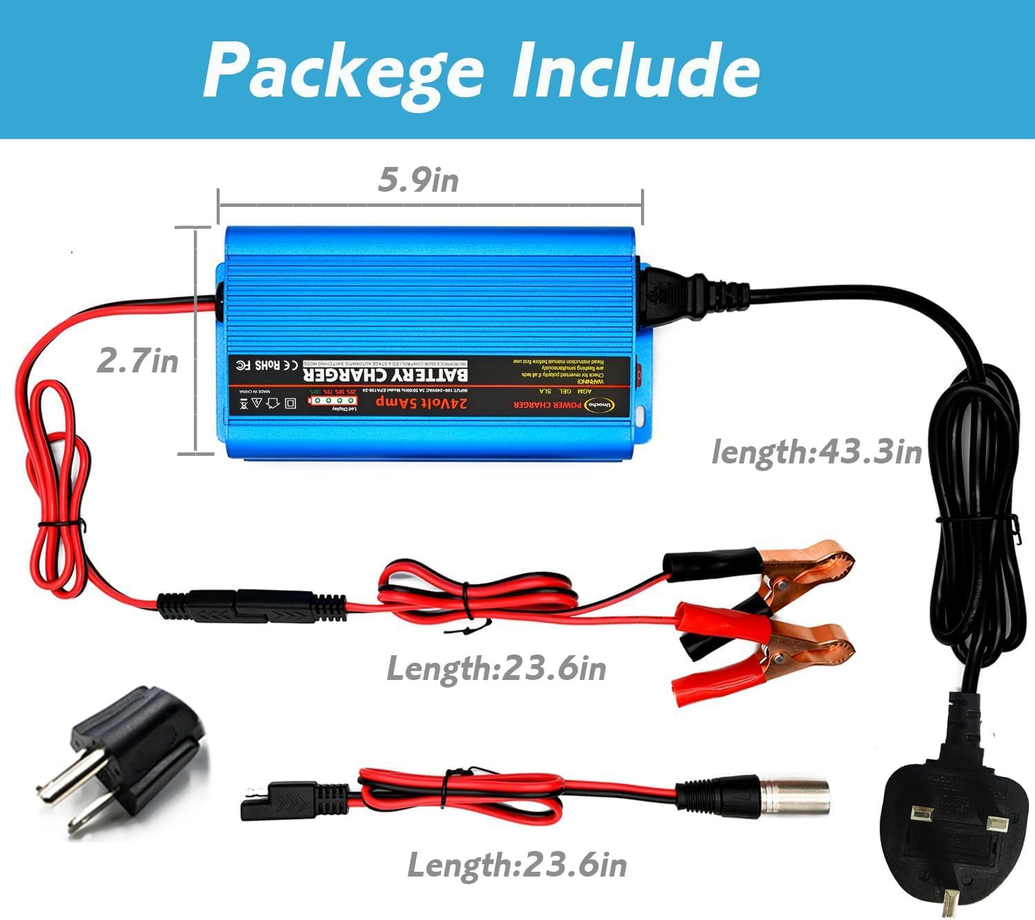 Unocho 24V 5A Battery Charger Maintainer 4-Stage Smart Lead-Acid Charger with 3-Pin XLR Connector Power Switch and LED Display for Wheelchairs Mobility Scooters AGM Gel SLA VRLA