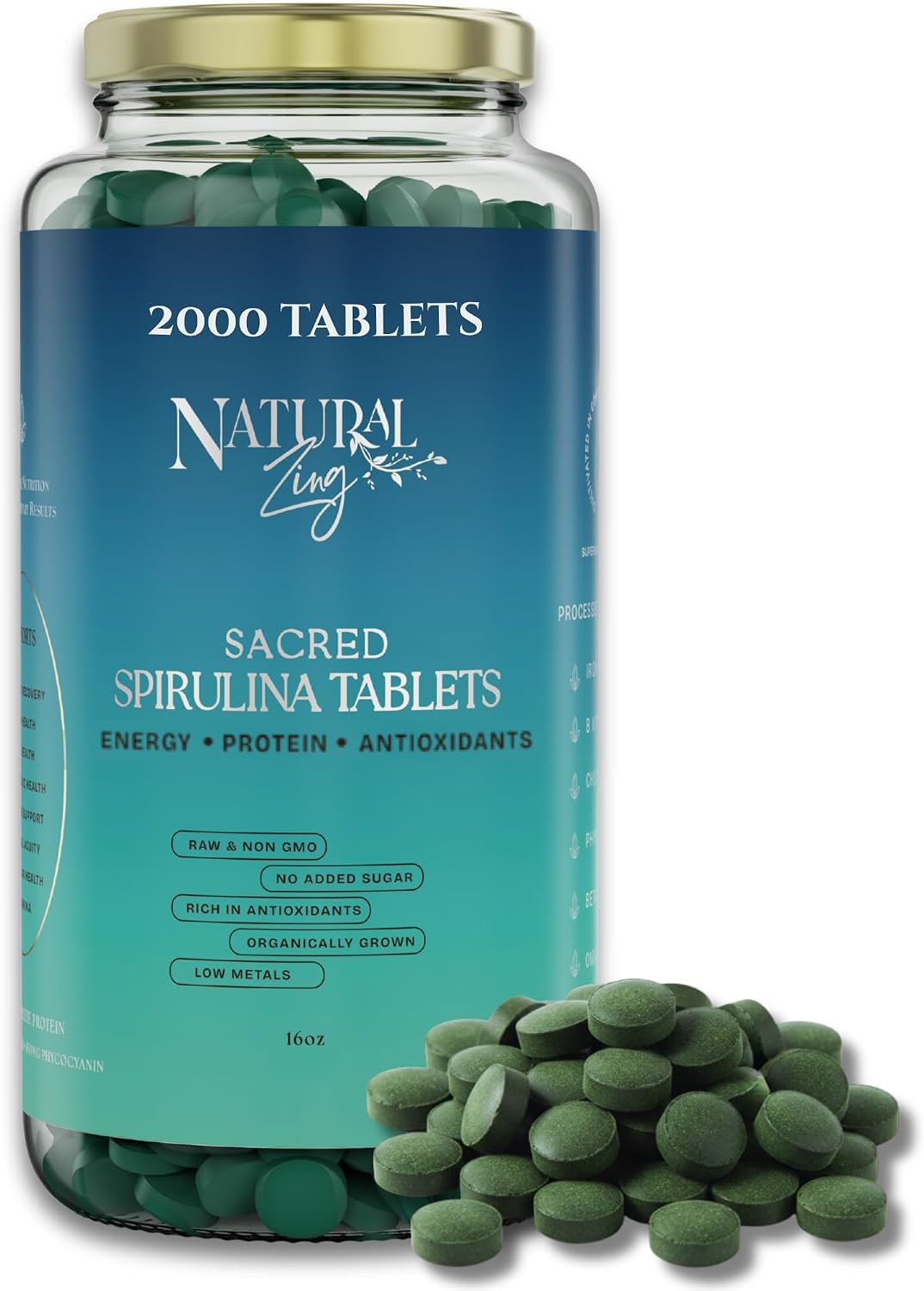 NaturalZing - 100% Pure Organic Spirulina Tablets | Non-GMO | Daily Greens | Vegan Superfood Protein & Antioxidant Support – Rich in Phycocyanin, Beta Carotene & Iron - 2000 Tablets (16 oz Bulk Pack)