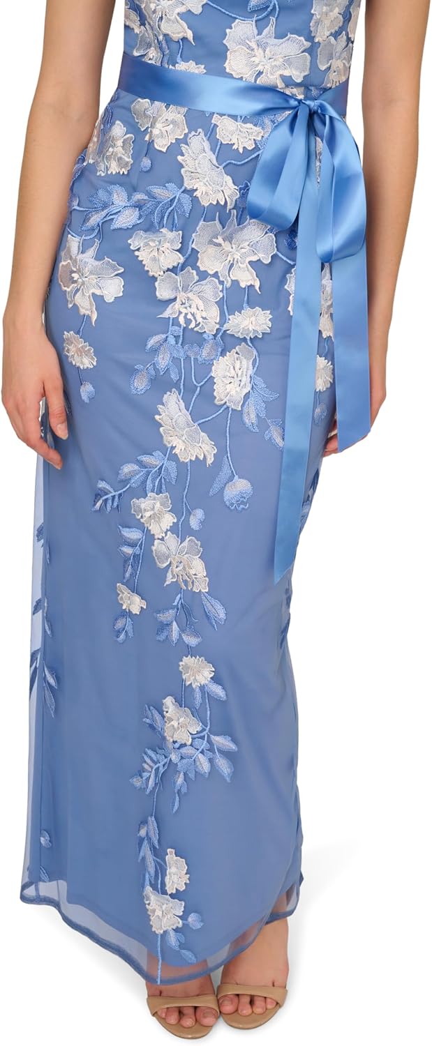 Adrianna Papell Cascading Floral Embroidered Long Column Gown