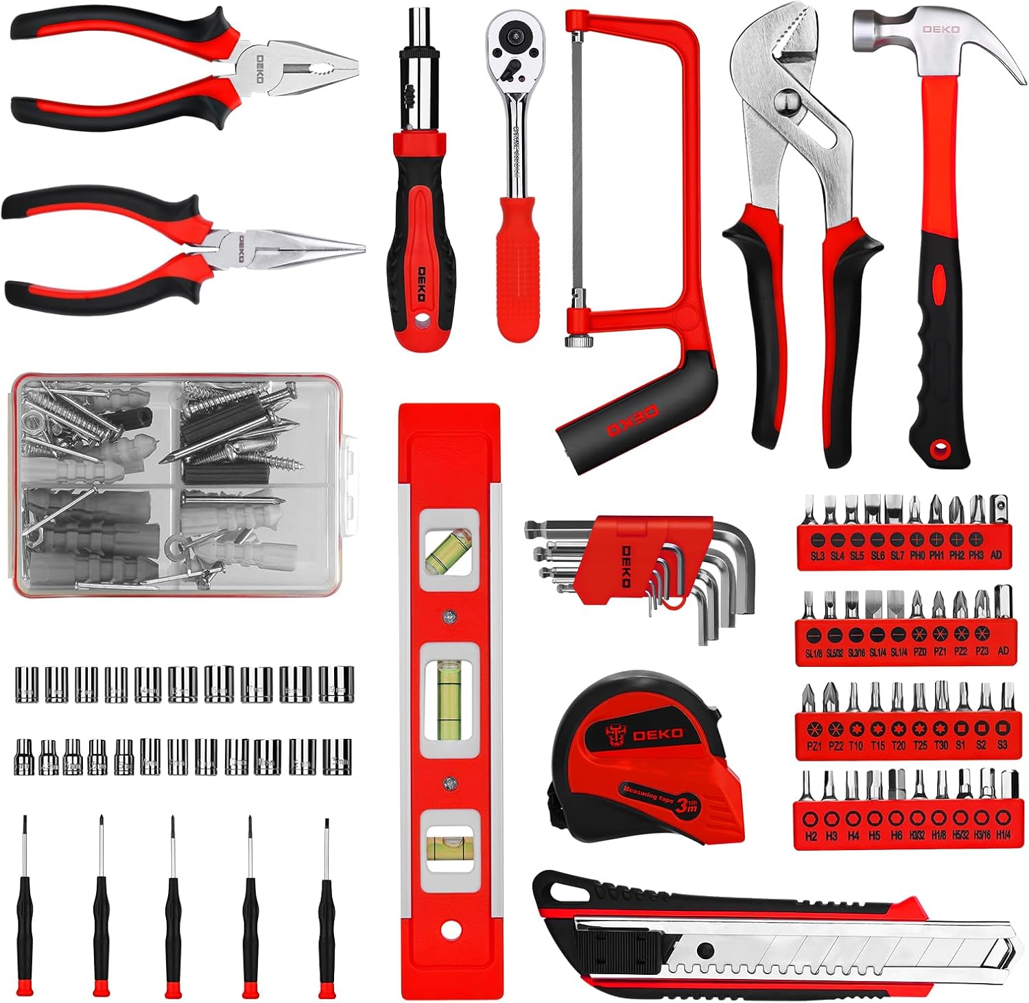 DEKOPRO 228 Piece Socket Wrench Auto Repair Tool Combination Package Mixed Tool Set Hand Tool Kit with Plastic Toolbox Storage Case