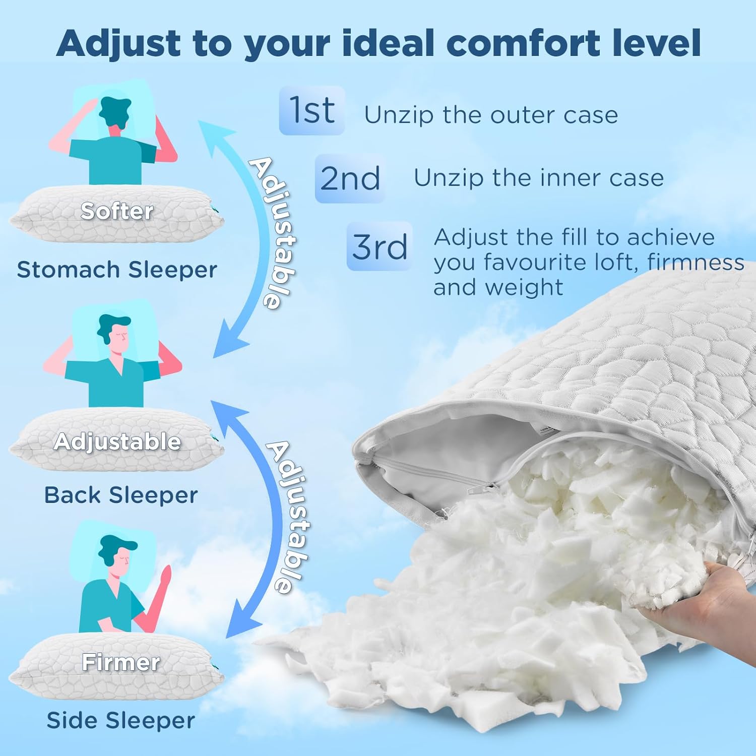 SUPA MODERN Cooling Pillow Queen Size Set of 2, CertiPUR-US Shredded Memory Foam Pillows for Sleeping, Cool Bed Pillows for Hot Sleepers, Adjustable Firm Pillow for Side,Back,Stomach Sleepers