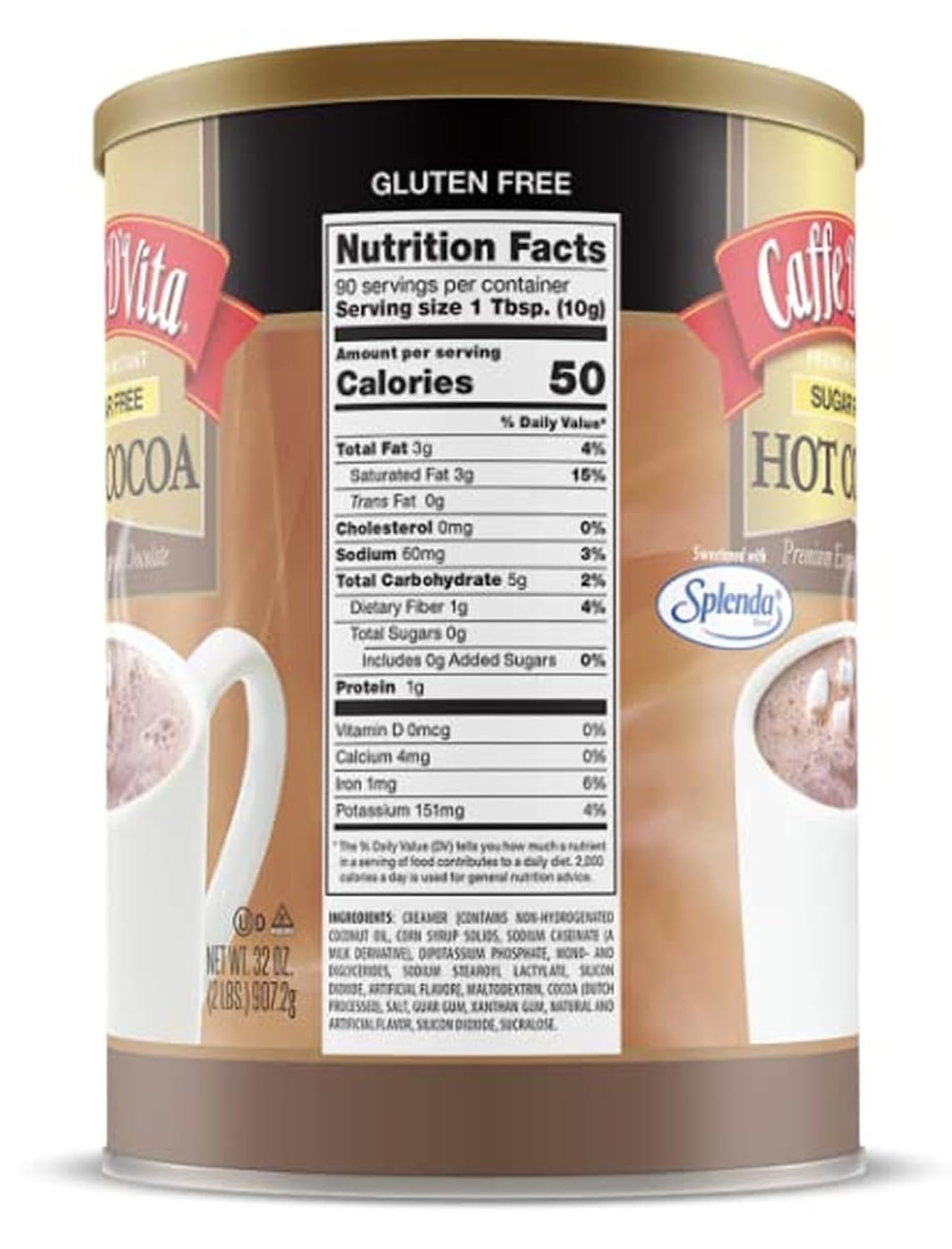 Caffe D'Vita Sugar Free Hot Cocoa Mix, Gluten Free - 10 Oz Can | Hot Chocolate Mix, Low Fat, No Cholesterol, No Hydrogenated Oils or Trans Fat, Kosher, Cocoa Bulk