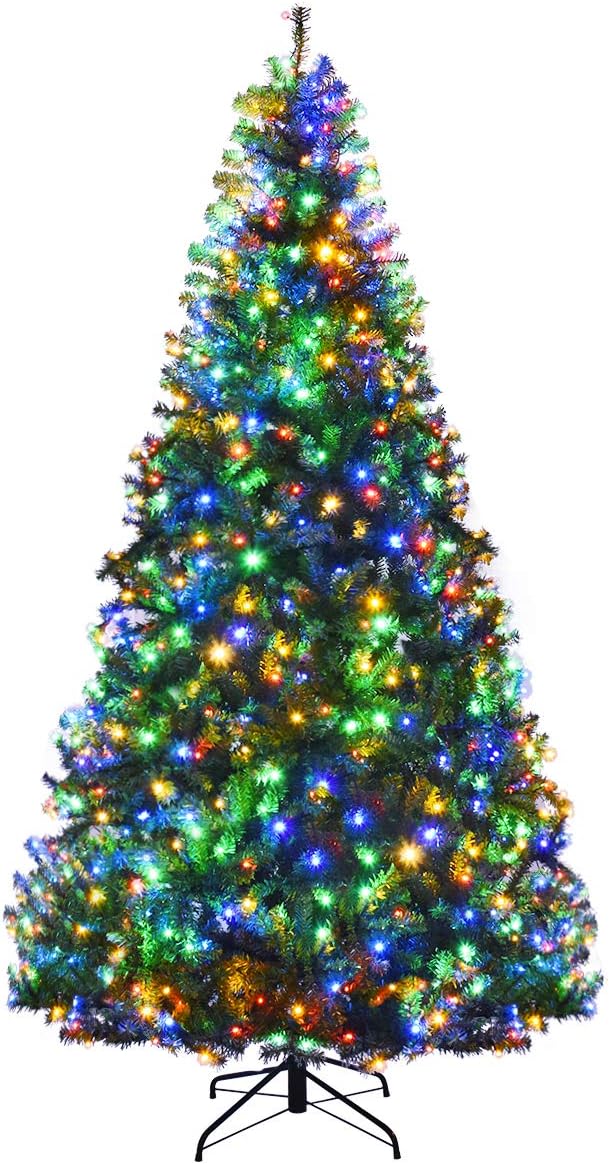 Goplus 7.5ft Pre-Lit Artificial Christmas Tree, Premium PVC Snow Flocked Hinged Pine Tree with Metal Stand and LED Lights