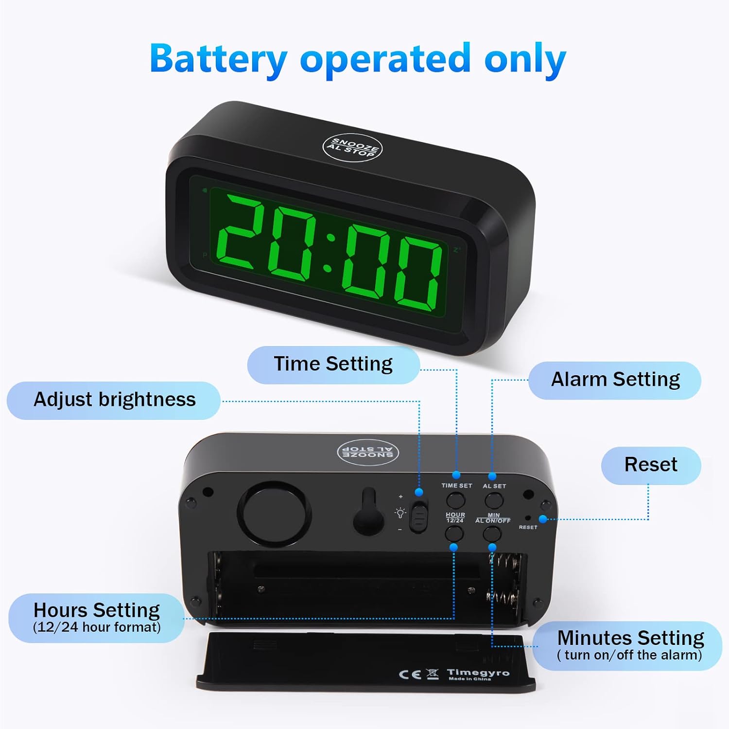 Digital Alarm Clock Battery Operated with LED Display for Bedrooms, Long Battery Life for 12 Months, 3 Brightness Adjustable, 12/24 Hour, Snooze, Black Case with Red Digits