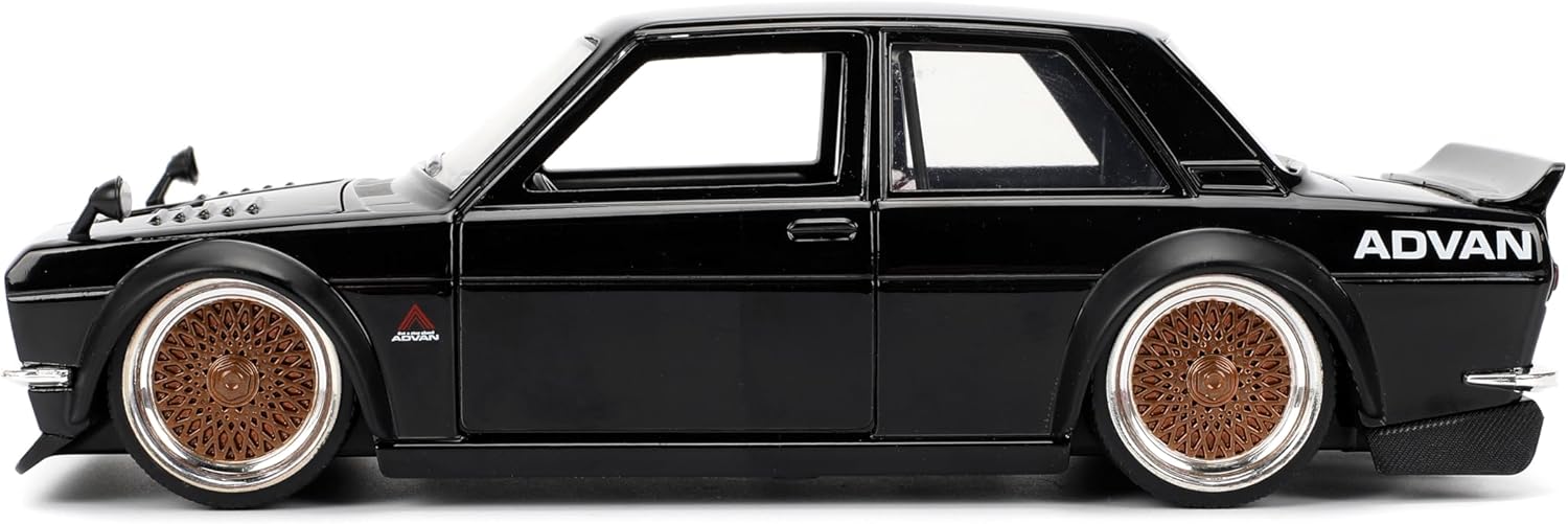 Jada Toys JDM Tuners 1:24 Scale Die-Cast 1973 Datsun 510 – Opening Doors, Detailed Interior, Rubber Tires, Collectible for Ages 8+(Gloss Black)