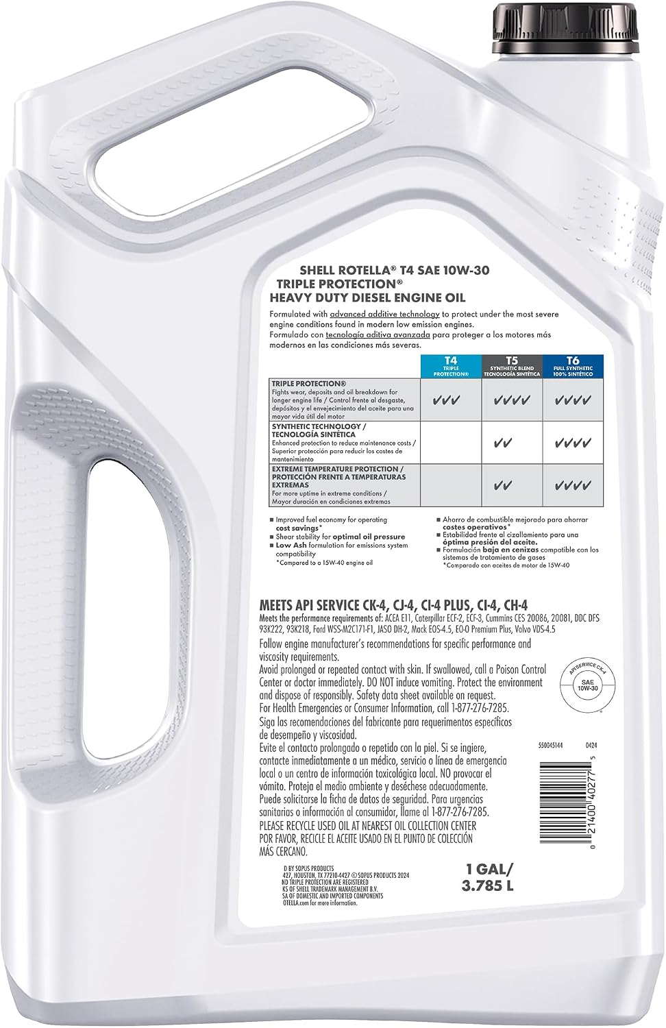 Shell Rotella T4 Triple Protection 10W-30 Diesel Engine Oil, 1 Gallon