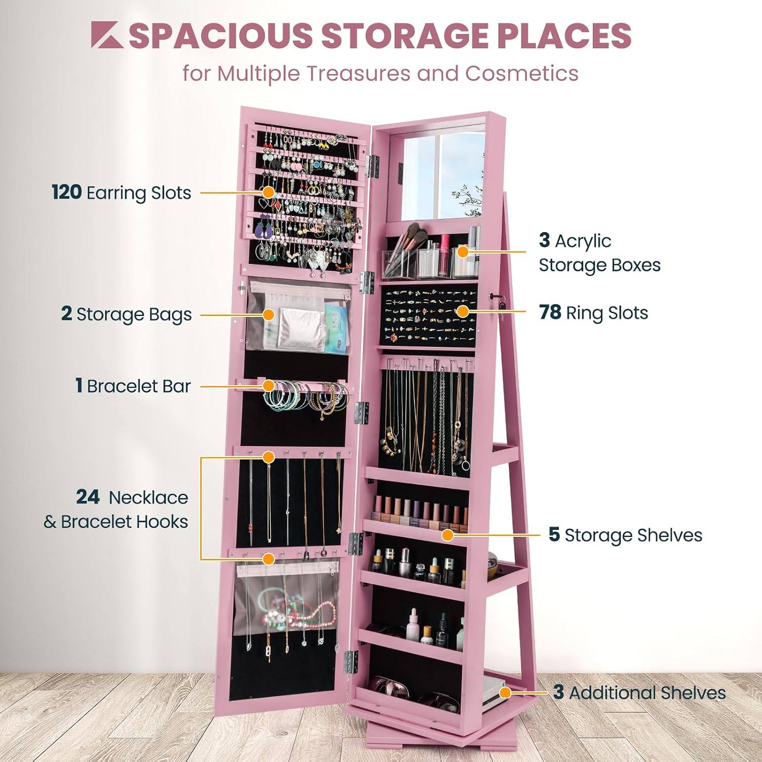 CHARMAID 360° Swivel Jewelry Armoire with Higher Full Length Mirror, Standing Lockable Jewelry Cabinet Organizer with Large Storage Capacity