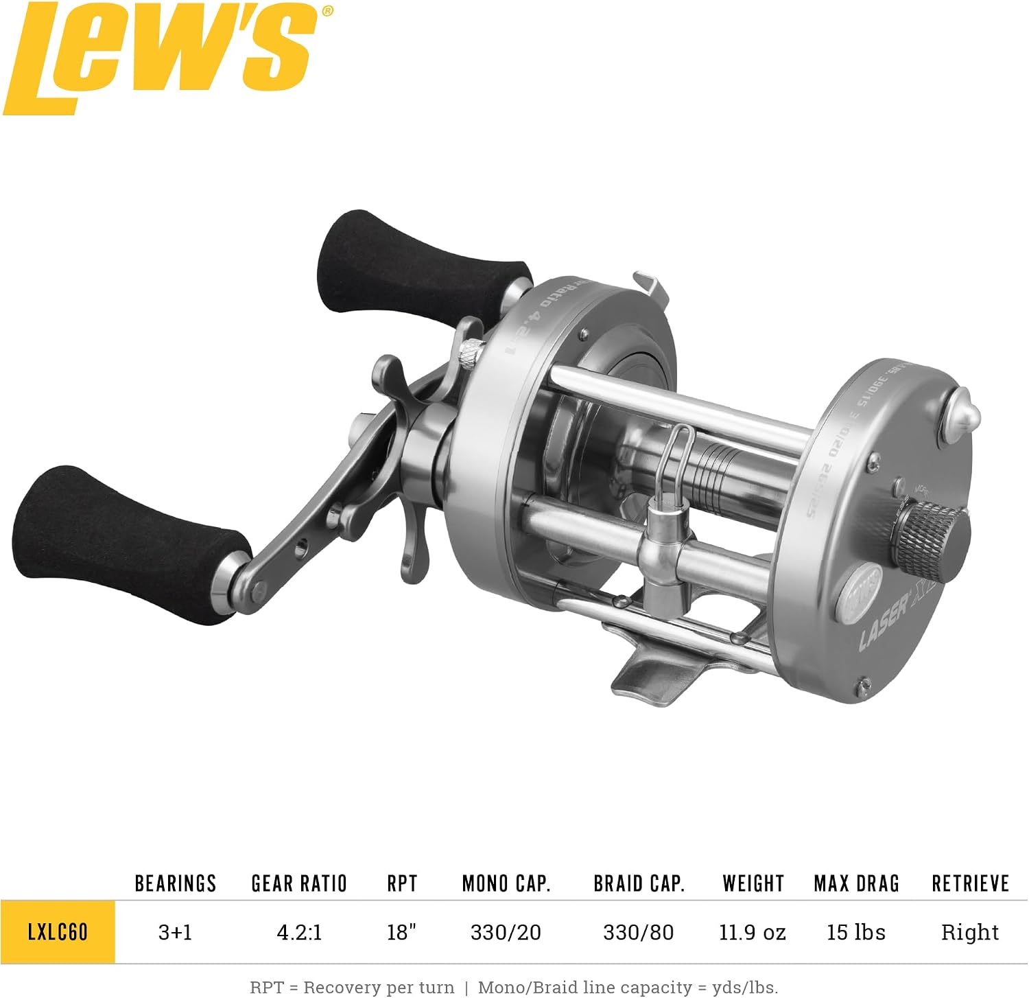 Lew's Laser XL Baitcast Fishing Reel, Right-Hand Retrieve, 4.2:1 Gear Ratio, 4 Bearing System