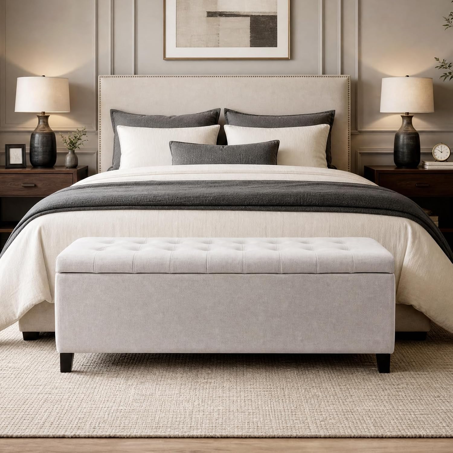 Madison Park 49" Upholstered Storage Bench, Button Tufted End of Bed Bench with Storage, Dual Spring Soft-Close Lid, Bedroom Bench for Queen King Bed, Entryway Living Room, Grey