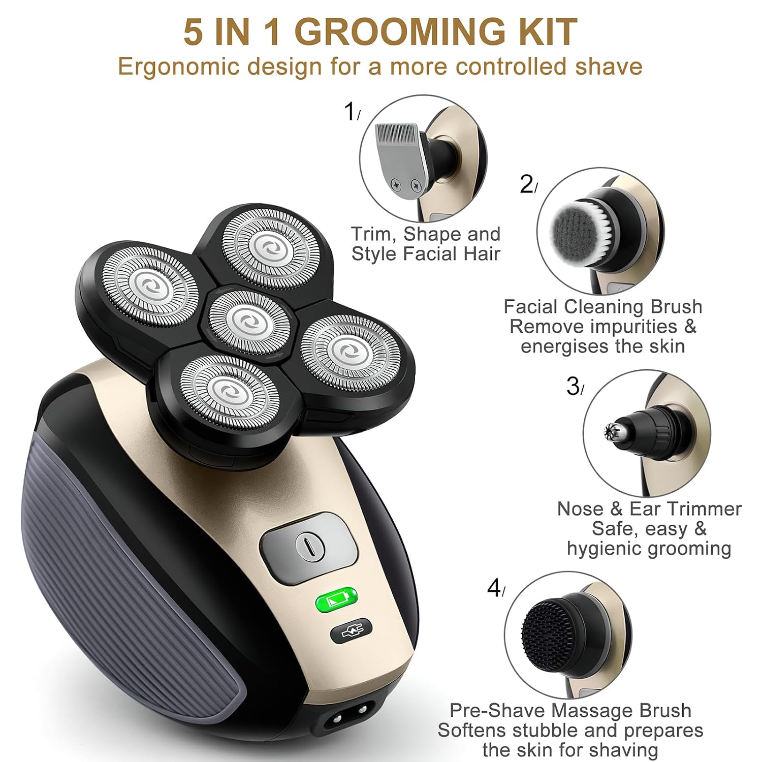 Bald Shavers for Men - Telfun Upgrade 5-in-1 Electric Head Shavers for Bald Men, 100% Waterproof Cordless Razor, Wet/Dry Shaving, 5 Dual Track Heads