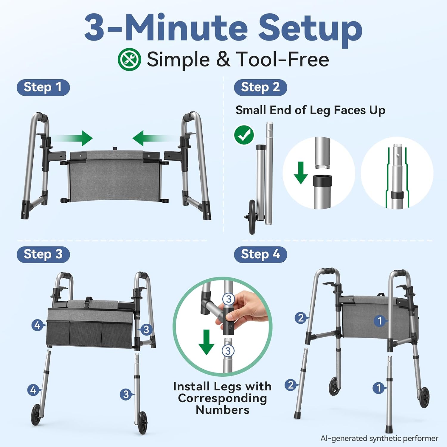 Loyoda Folding Walker with Basket and Glide Skis, 5" Wheels, Lightweight | Standard Walker for Seniors and Adults, Offers 8 Height Adjustments (31"-38"), Supports up to 350 lbs