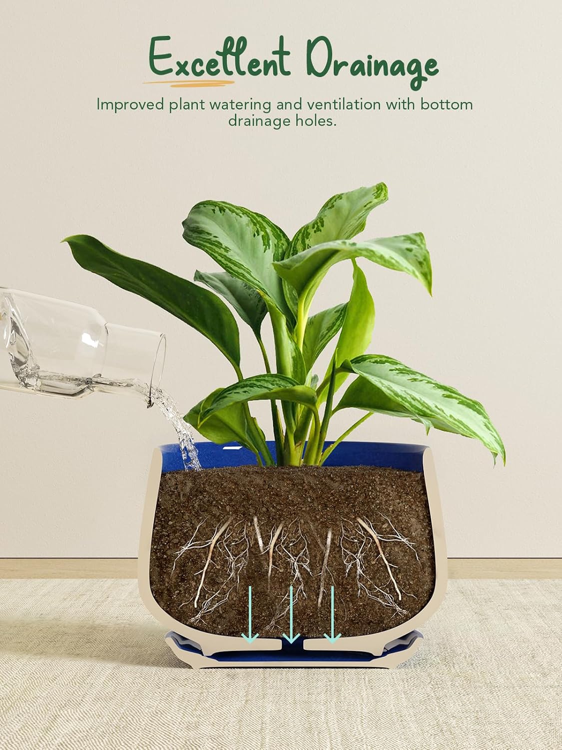 LE TAUCI Plant Pots, 4.1+5.1+6.5 inch, Set of 3, Ceramic Planters with Drainage Hole and Saucer, Indoor Flower Pot with Hole Mesh Pad, Gifts for Mom