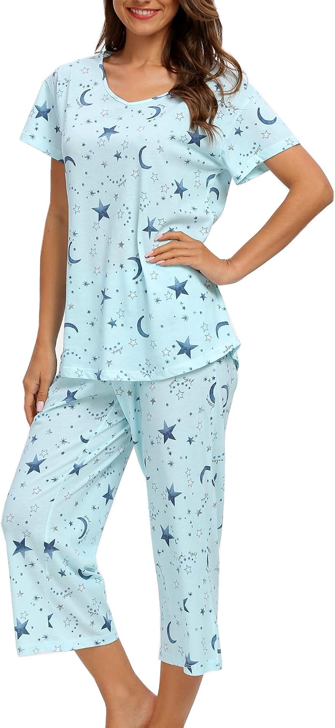 ENJOYNIGHT Womens Pajama Set Cotton Summer Pj Top with Capri Pant Sleepwear
