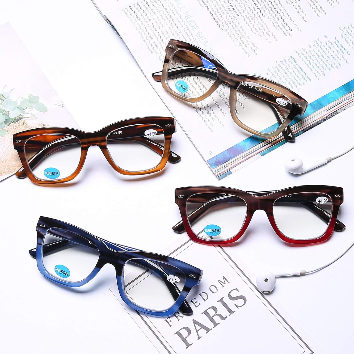 AQWANO Oversized Computer Reading Glasses Blue Light Blocking, 4 Pairs Stylish Fashion Design Anti UV Ray/Eye Strain/Glare Readers Men Women, 1.5