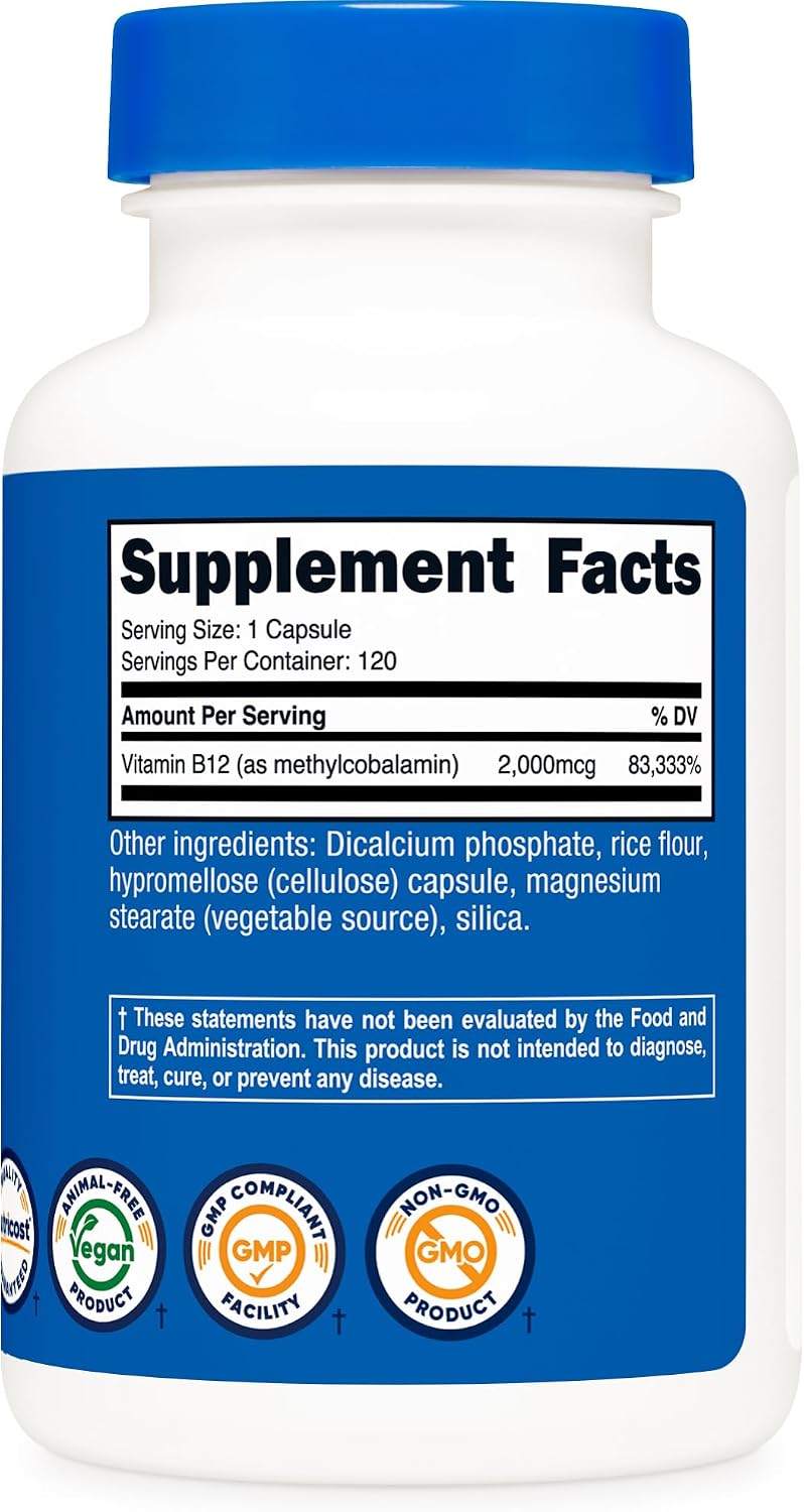Nutricost Vitamin B12 (Methylcobalamin) 2000mcg, 240 Capsules, Gluten Free | Vegetarian Caps, GMO-Free, B12 Supplement