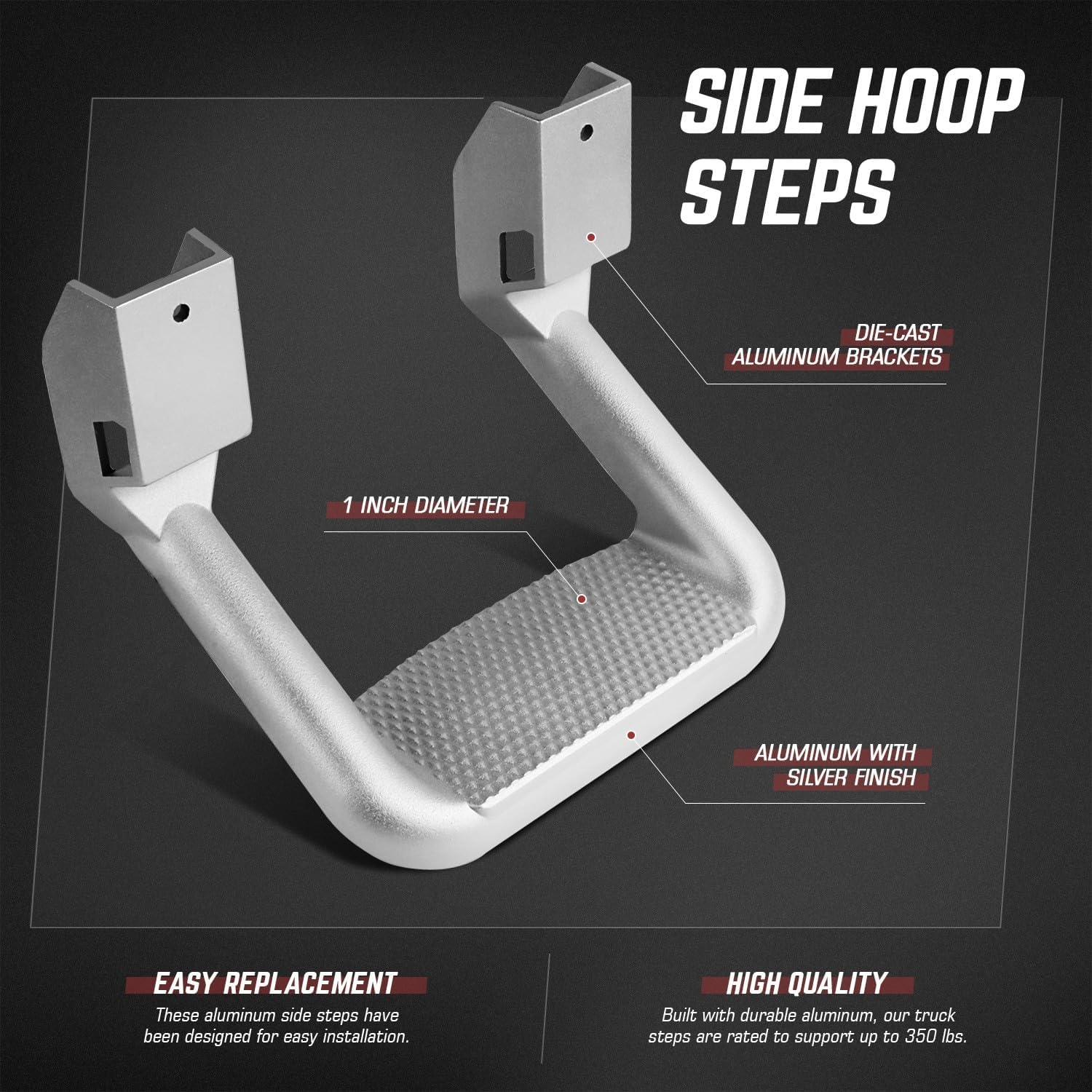 DNA MOTORING Pair Aluminum Side Hoop Steps Universal Side Step Compatible With Chevy GMC Dodge Pickup Trucks SUVs, 11"L x 6"H x 12"W, 2 Pcs, Silver, SSTEP-SS