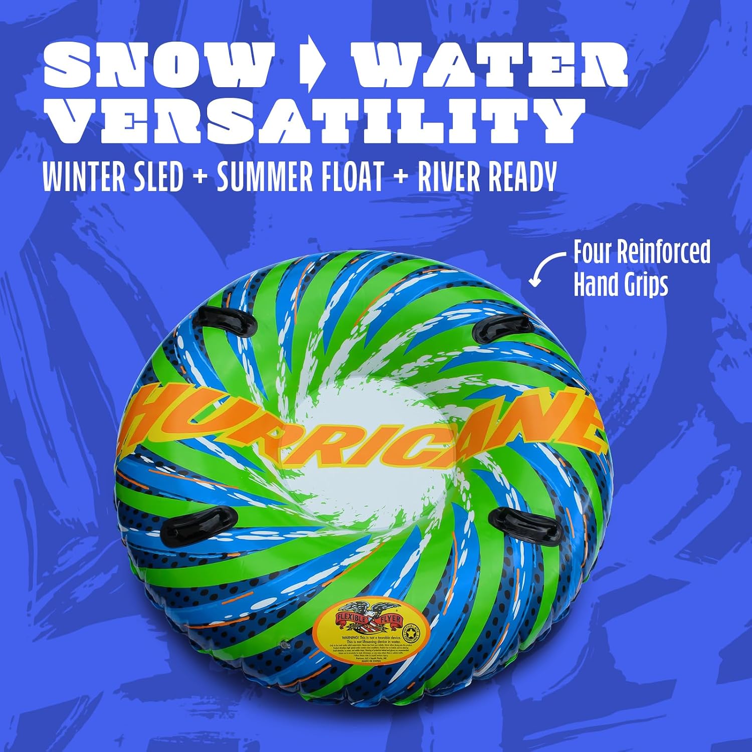 Flexible Flyer 56" Hurricane Snow Tube - 2-Person Round Inflatable Snow Sled and Water Pool Float for Year Round Fun - Double Sled with Handles for