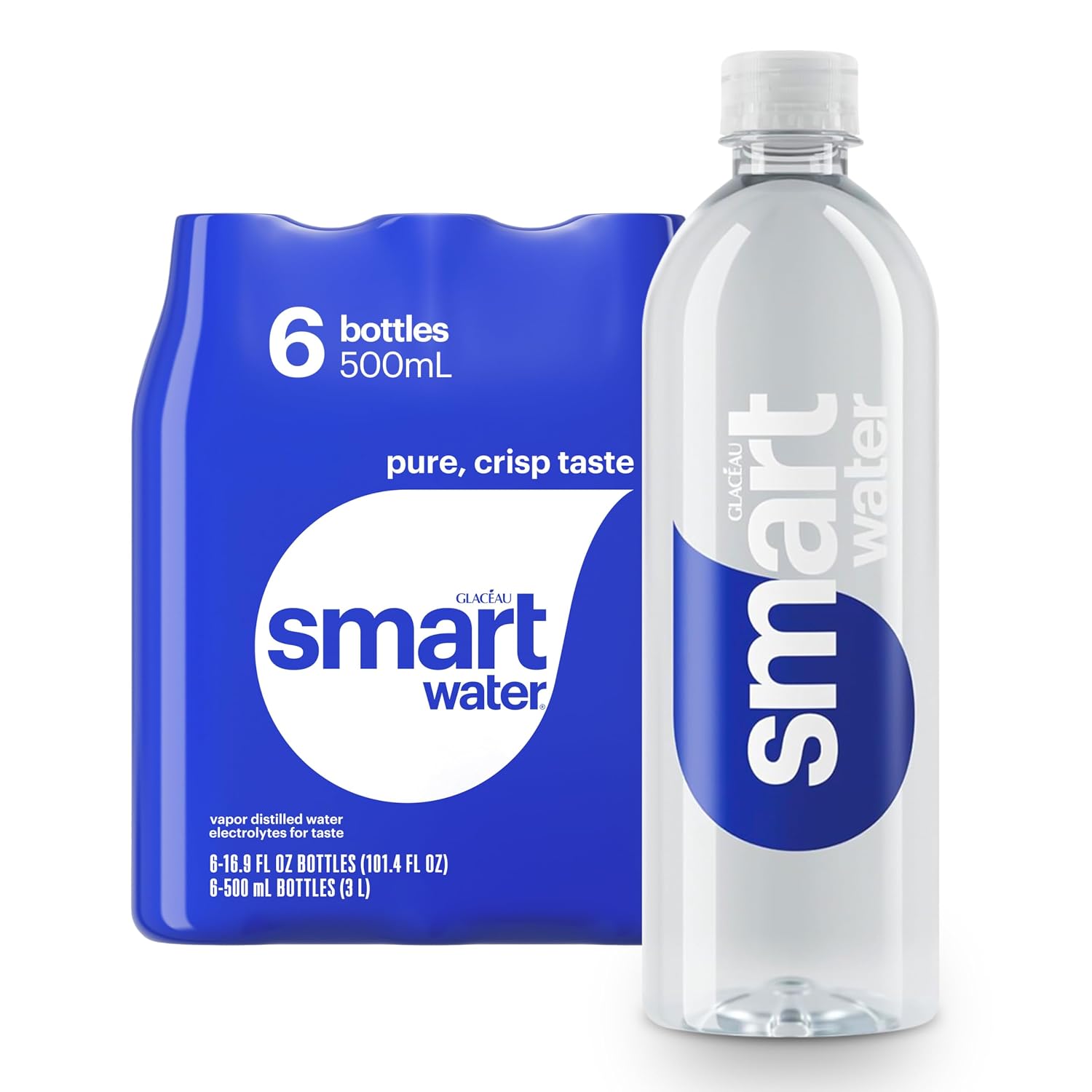 smartwater Vapor Distilled Water Bottles, 16.9 fl oz, 6 Pack | Purified water with antioxidant selenium, and electrolytes like potassium