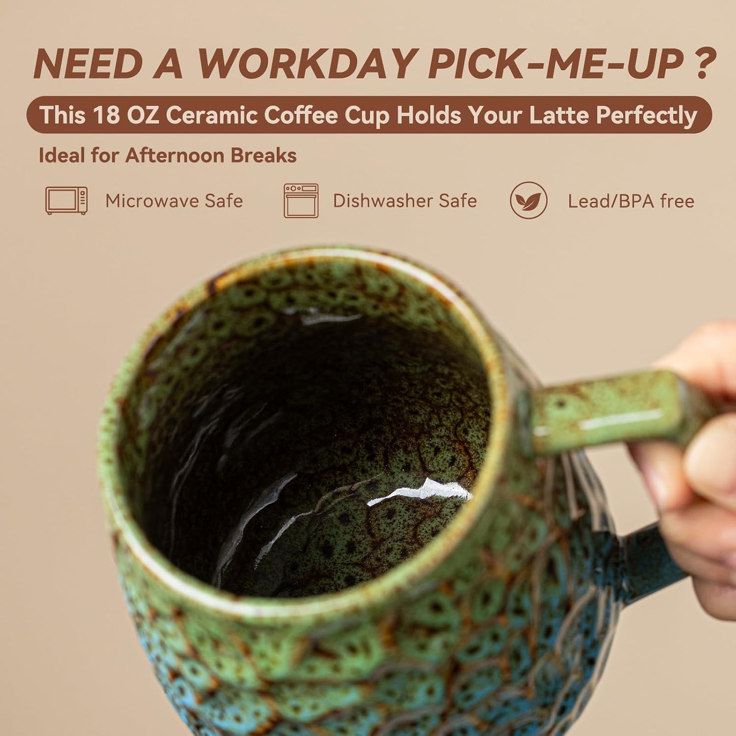 18oz Unique Kiln-Change Ceramic Coffee Mug, Handcrafted Hammered Texture Ceramic Mug with Ergonomic Handle, Microwave & Dishwasher Safe