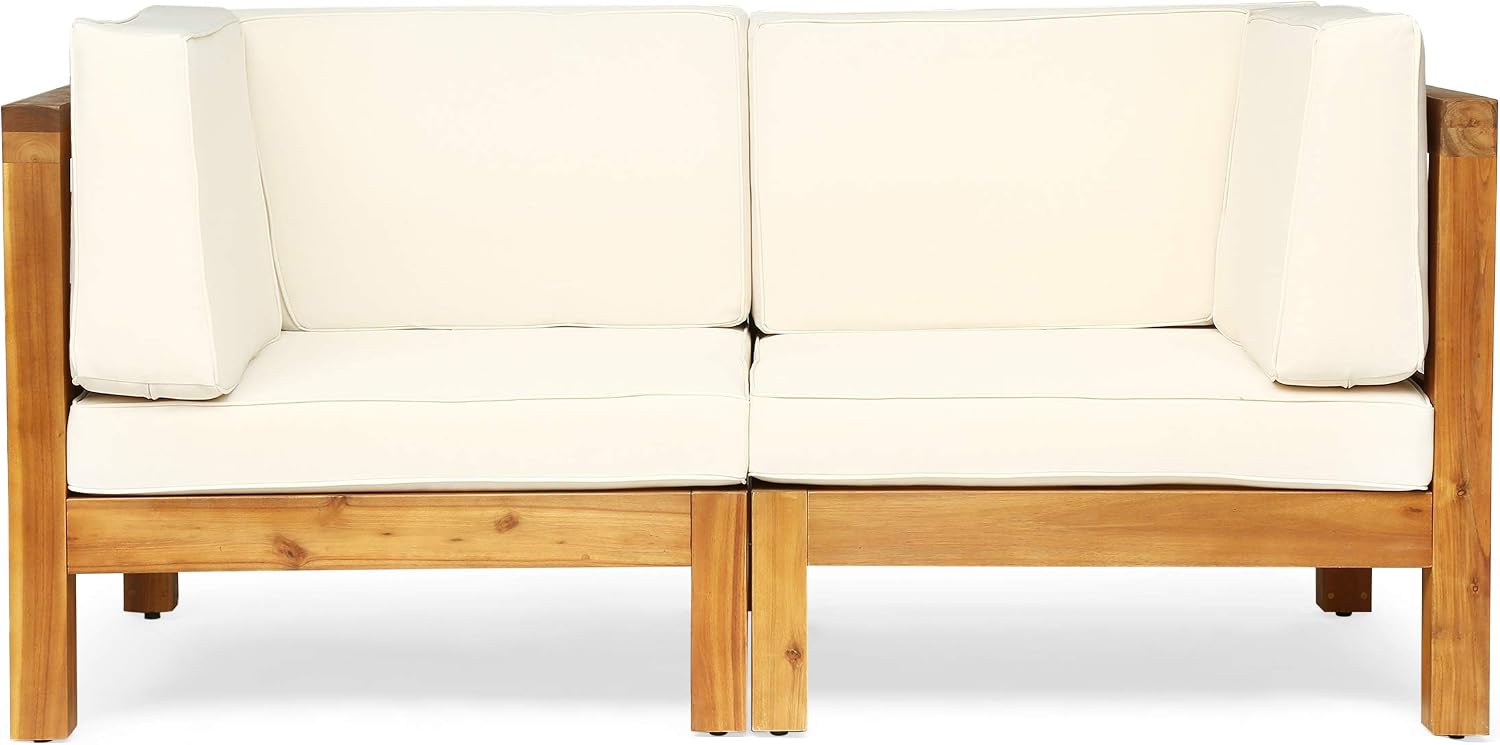 GDFStudio Outdoor Sectional Loveseat Set | 2-Seater | Acacia Wood | Water-Resistant Cushions | Teak and Beige