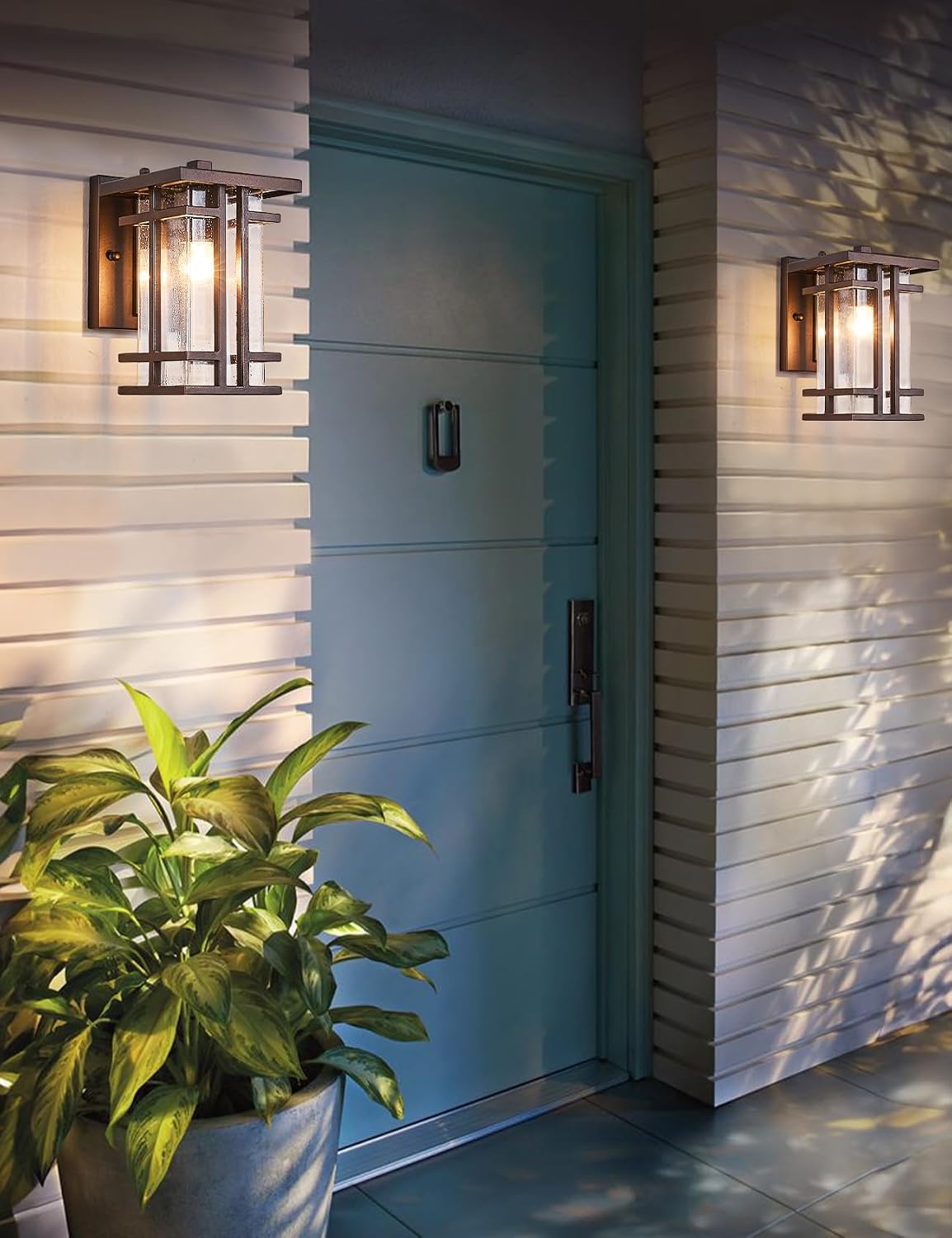 Rustic Dusk to Dawn Outdoor Wall Light Fixture 13.8"H Waterproof Exterior Wall Sconces Black Metal with Seeded Glass Sensor Outdoor Wall Lantern for