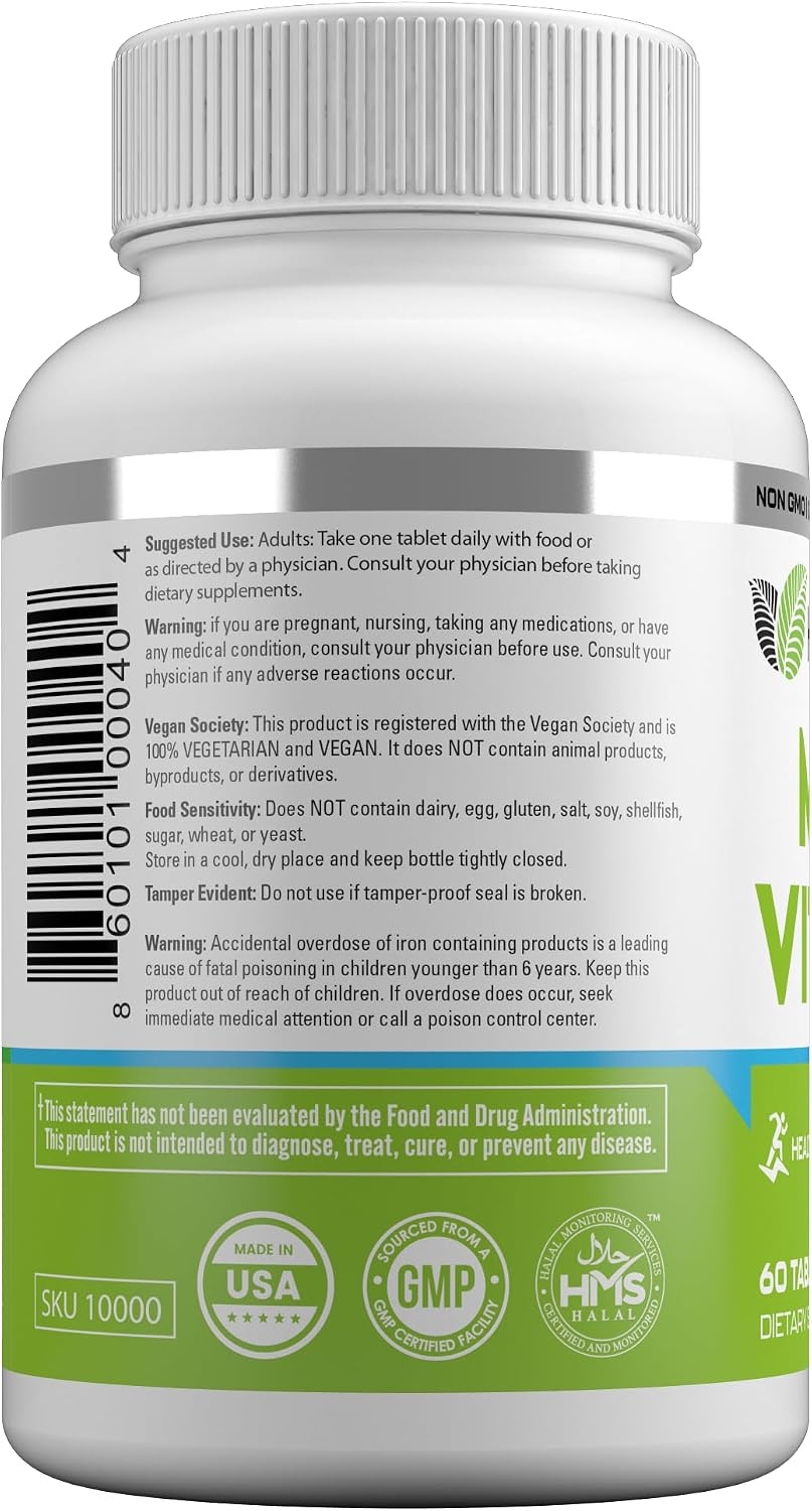 HAYAT Vitamins Vegan Natural Multivitamin, Daily Vitamins with Vitamin A, C, D, E, B1, B2, B3, B6, B12, Biotin, Zinc and More, 2 Month Supply