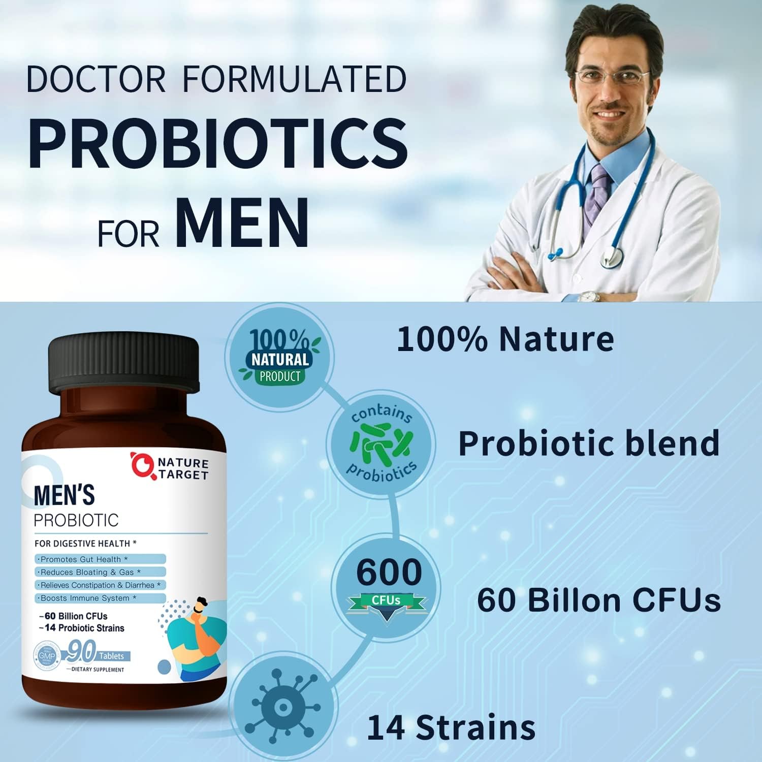 NATURE TARGET Probiotics for Men, 60 Billion CFU, 90 Veggie Tablets