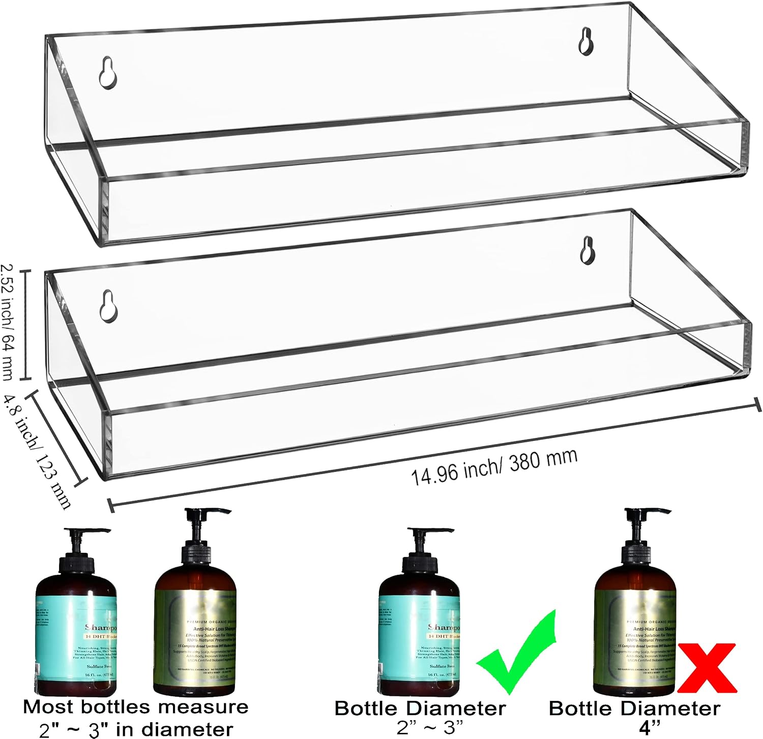 AMT 2 Pack Acrylic Floating Shelves, 15" L x 4" W, Clear Bathroom Wall, Bookshelves, Invisible Display for Office, Bedroom