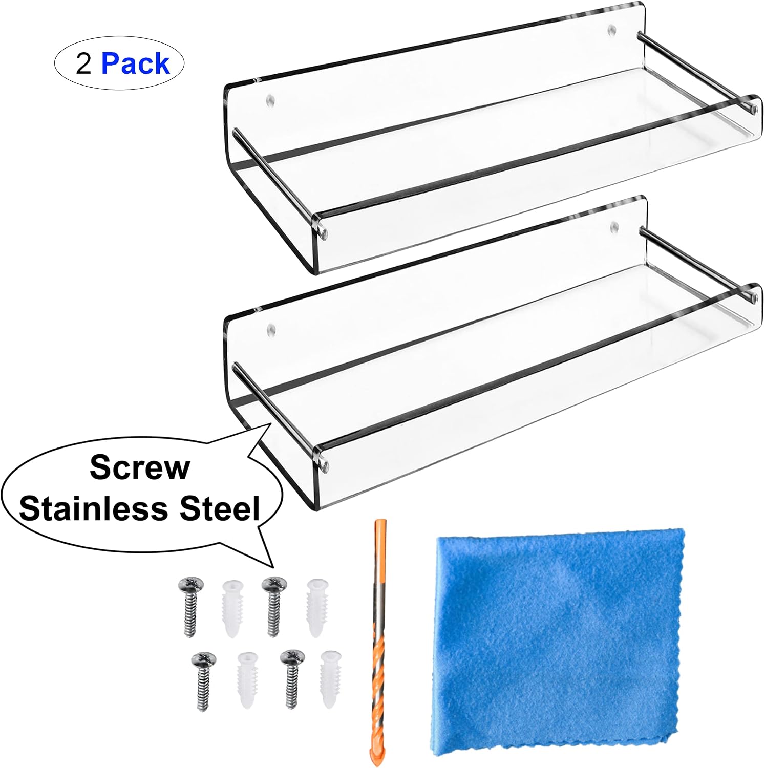 AMT 2 Pack Acrylic Floating Shelves, 15" L x 4" W, Clear Bathroom Wall, Bookshelves, Invisible Display for Office, Bedroom