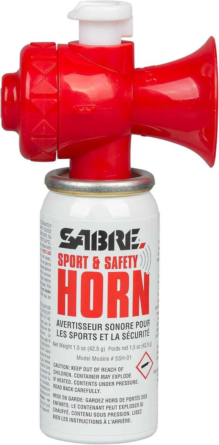 SABRE Sport and Safety Horn, 130 dB Air Horn, 60 ¼ Second or 25 ½ Second Bursts, Audible Up to 1/2-Miles (804-Meters), Perfect for Use at Sporting Events, Boating, Camping, Hiking
