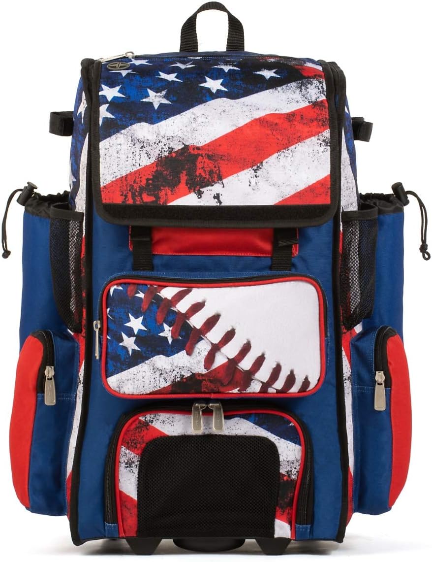 Boombah Rolling Superpack 2.0 Baseball/Softball Gear Bag - 23-1/2" x 13-1/2" x 9-1/2" - USA Baseball Royal/Red/White - Telescopic Handle - Holds 4