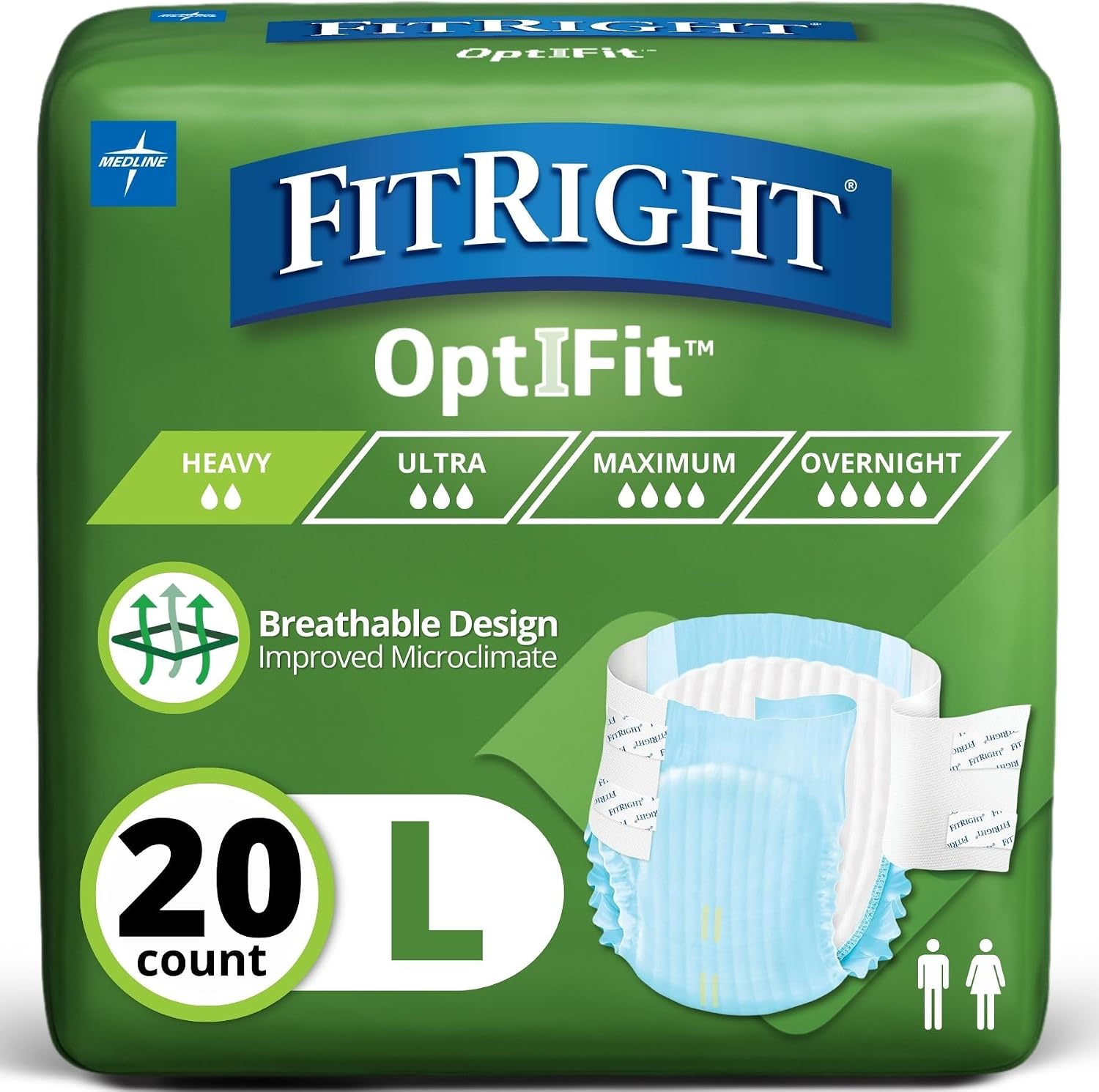 FitRight Adult Diapers, Extra Heavy Absorbency, XL (Waist Size 56in-64in), 80 Count, OptiFit Incontinence Briefs for Men and Women, Disposable, Moisture Wicking, Leak Protection,