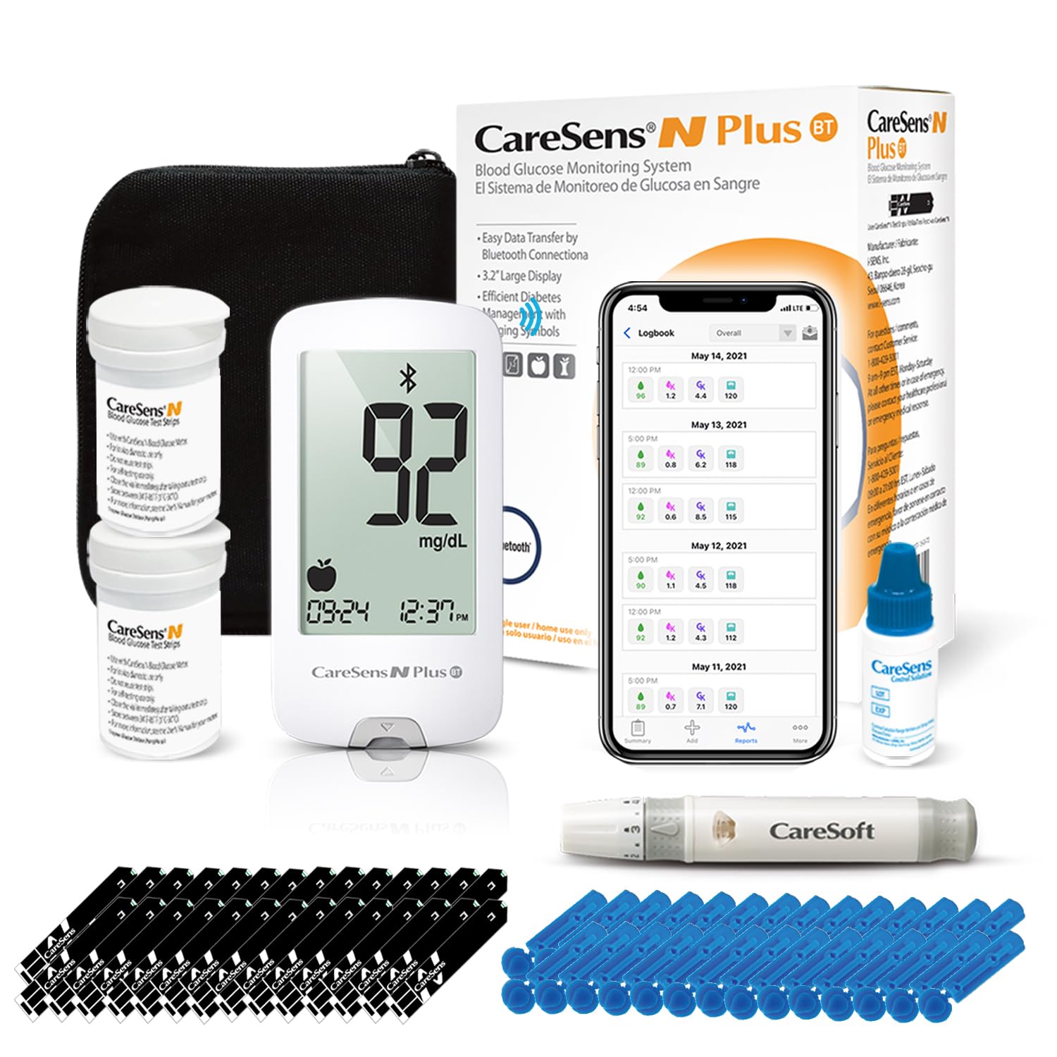 CareSens N Plus Bluetooth Blood Glucose Monitor Kit with 100 Blood Sugar Test Strips, 100 Lancets, 1 Blood Glucose Meter, 1 Lancing Device
