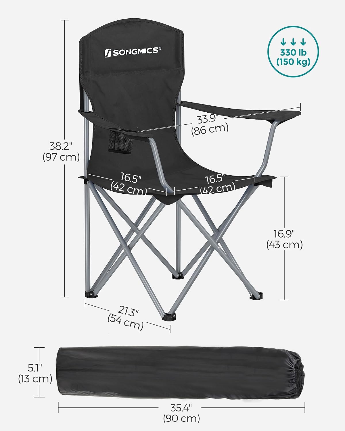 SONGMICS Folding Camping Chair, 450 lb Capacity | Folding lawn chair with cup holder and heavy-duty design, Ink Black, UGCB066B01