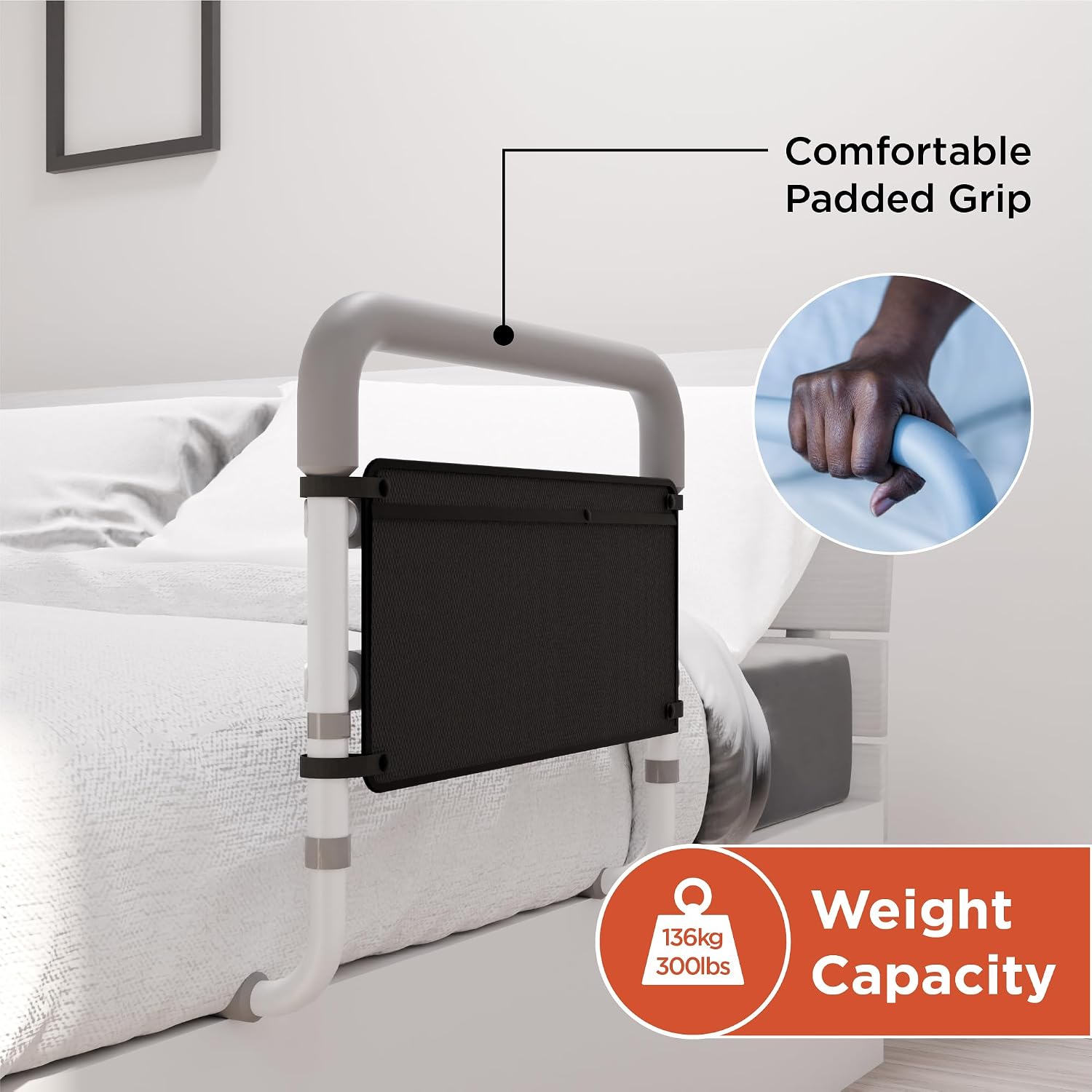 Healthcraft Assista-Rail Fixed Bed Rail with Organizer, ASTM Certified | Multiple padded grab bars plus bedside organizer, 300 lb capacity