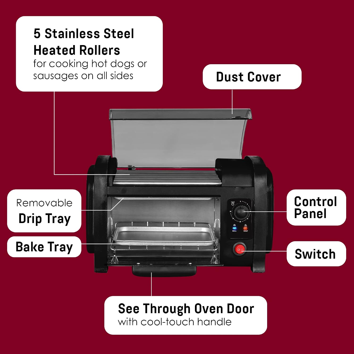 Elite Gourmet EHD-051B Hot Dog Toaster Oven, Steel Rollers, 4-Bun, Black | 30-Min Timer