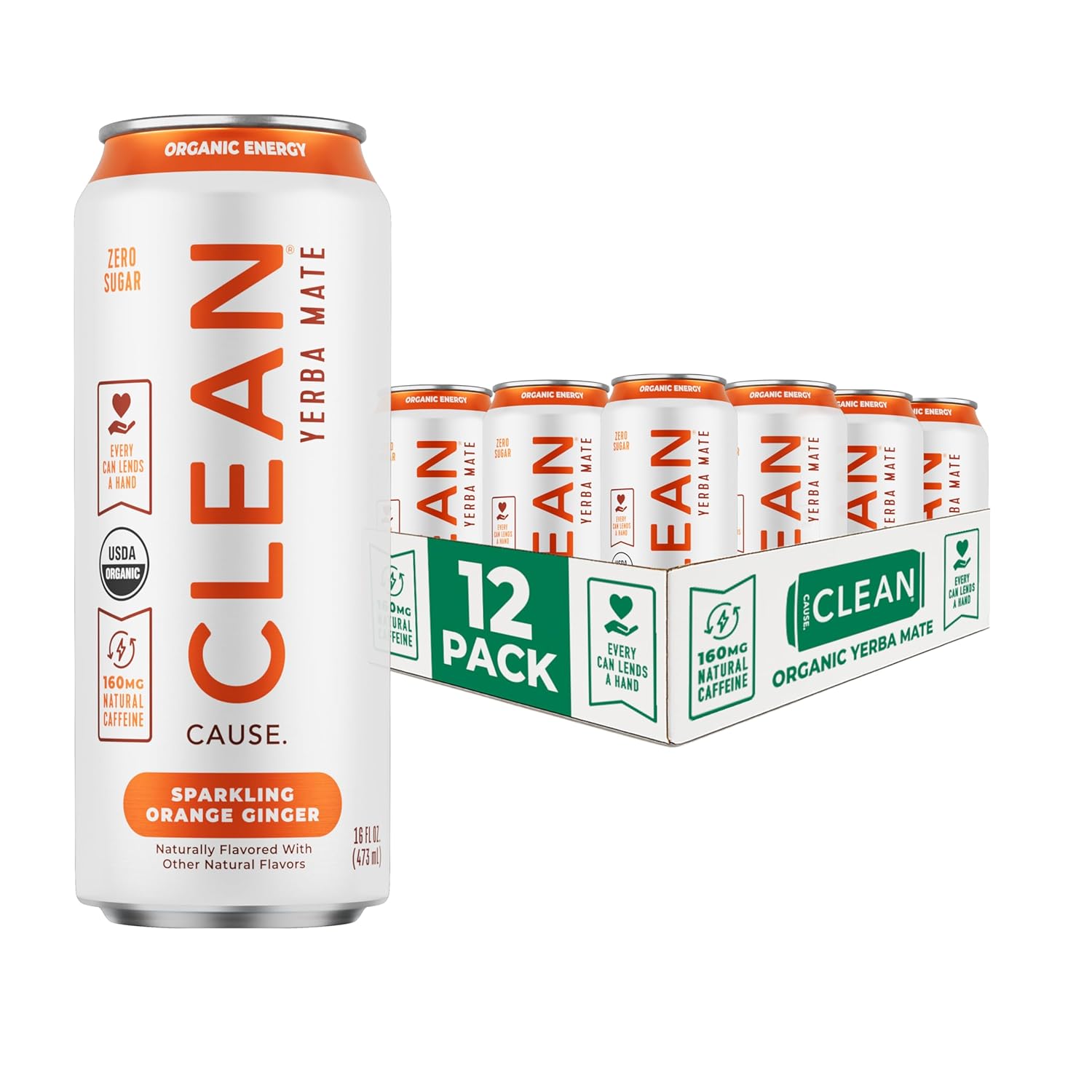 CLEAN Cause Zero Sugar Yerba Mate Organic Energy Orange Ginger, 12Pack 16oz