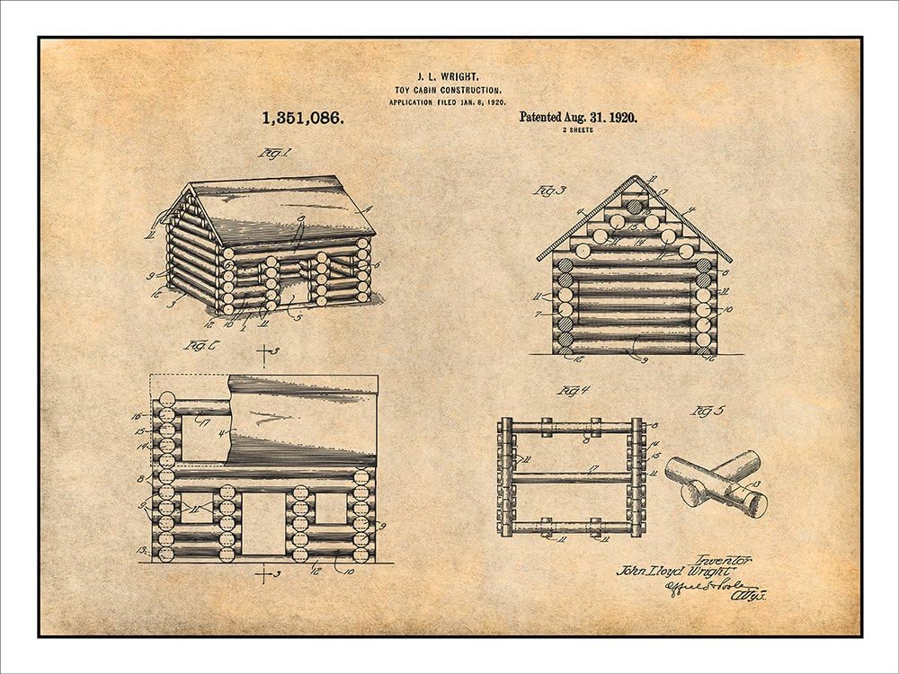 Studio 21 Graphix 1920 Lincoln Logs Construction Set Patent Print Art Poster UNFRAMED Parchment 18" X 24"