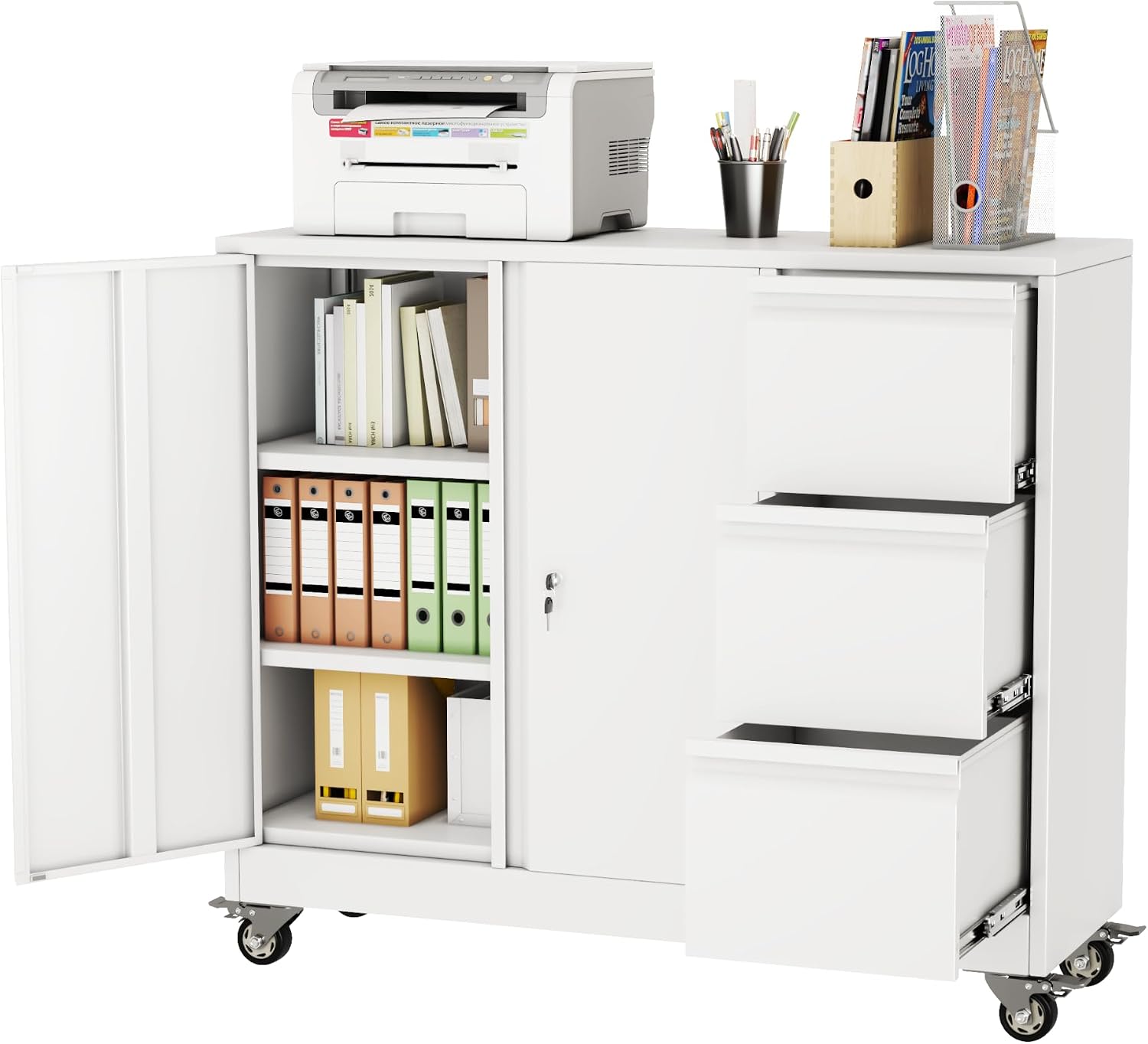 3 Drawer File Cabinet, Office Mobile Filing Cabinet, Printer Stand | All-in-One Office Storage, 3 Storage Drawers, 2 Adjustable Shelves, Lockable Cabinet, 4 Casters, 46.5-Inch Top