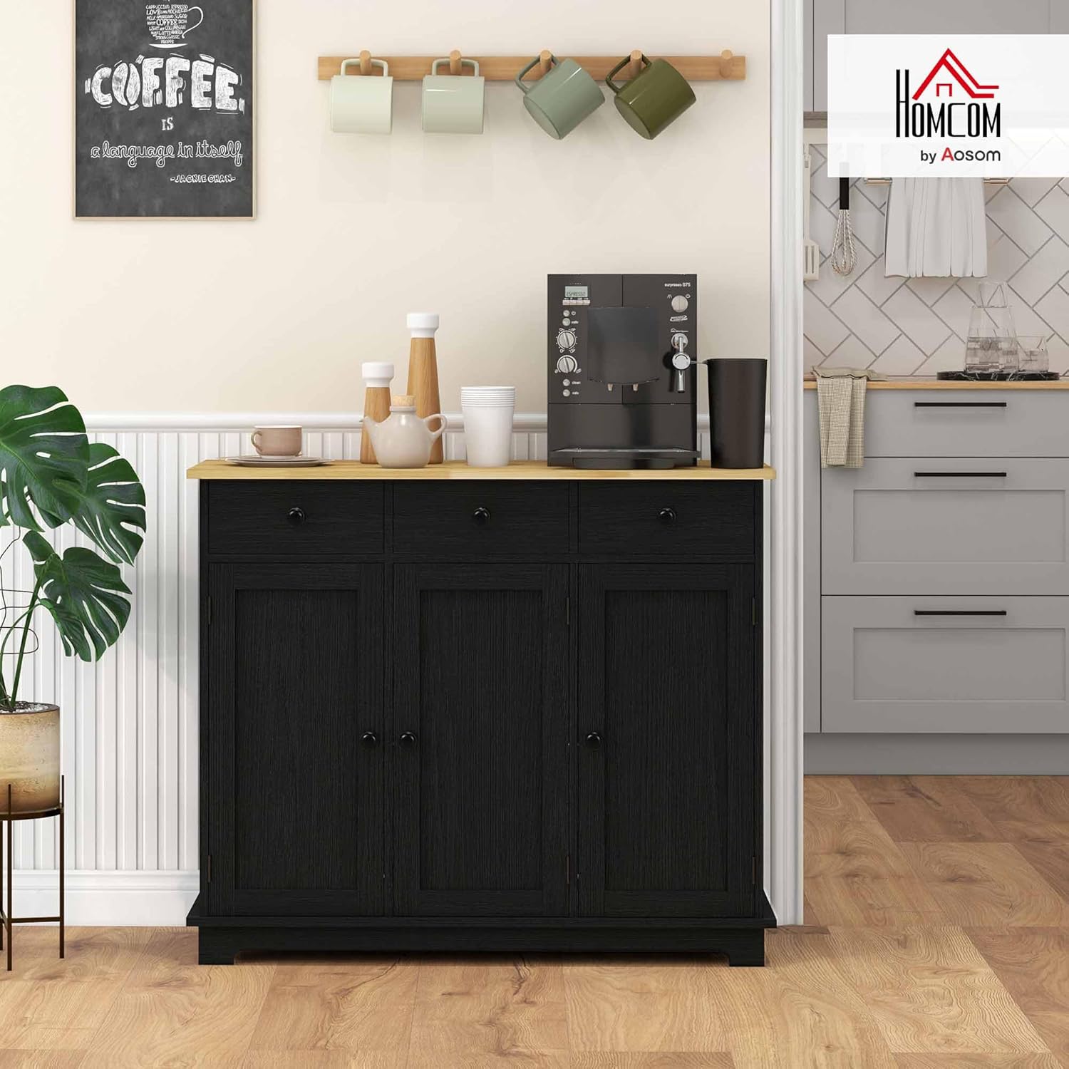 HOMCOM Sideboard Buffet Cabinet Solid Wood Countertop White