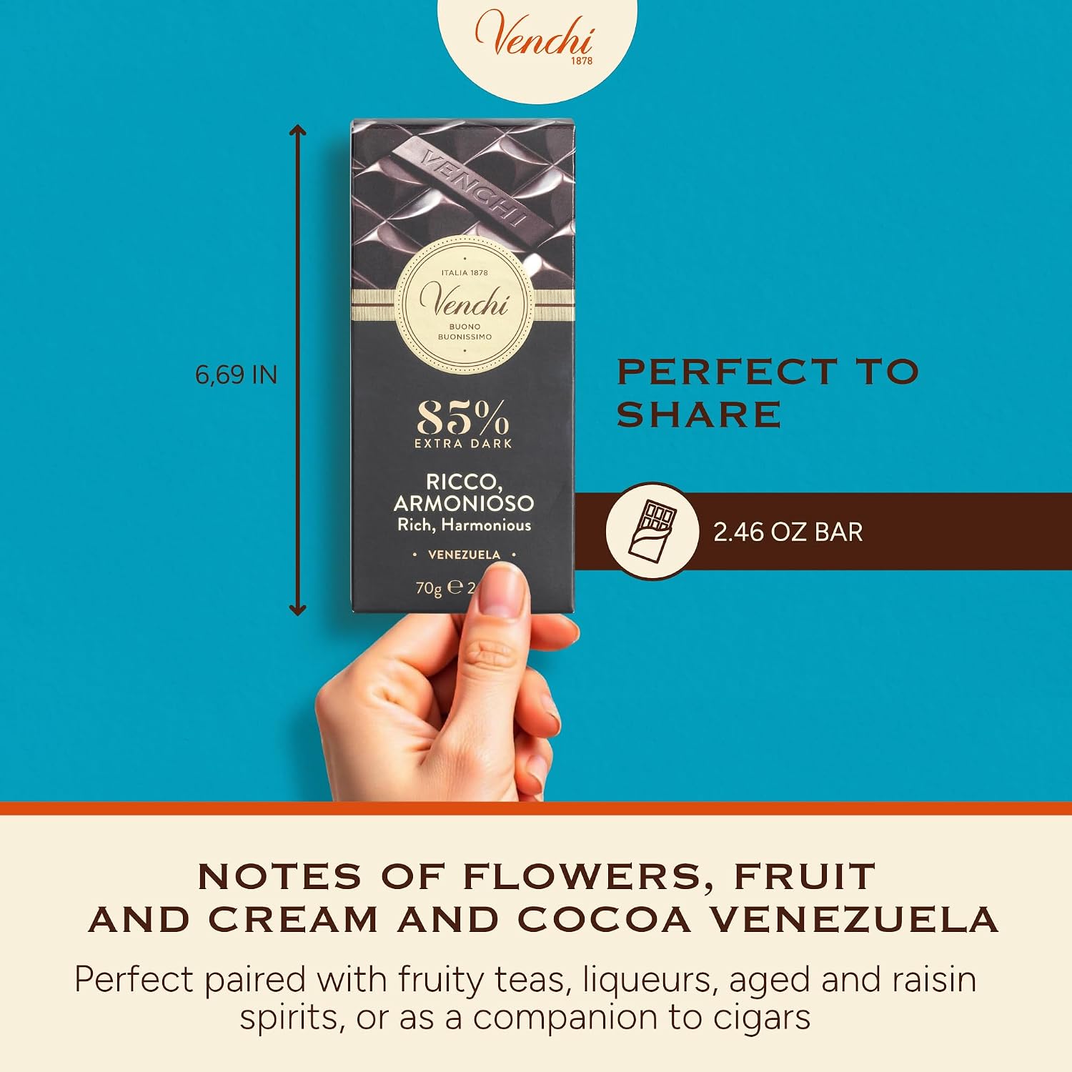 Venchi - Venezuelan Cocoa Blend - 85% Dark Chocolate Bar, 2.46oz - Single Origin Premium Fine Chocolate - Naturally Gluten Free - Vegan