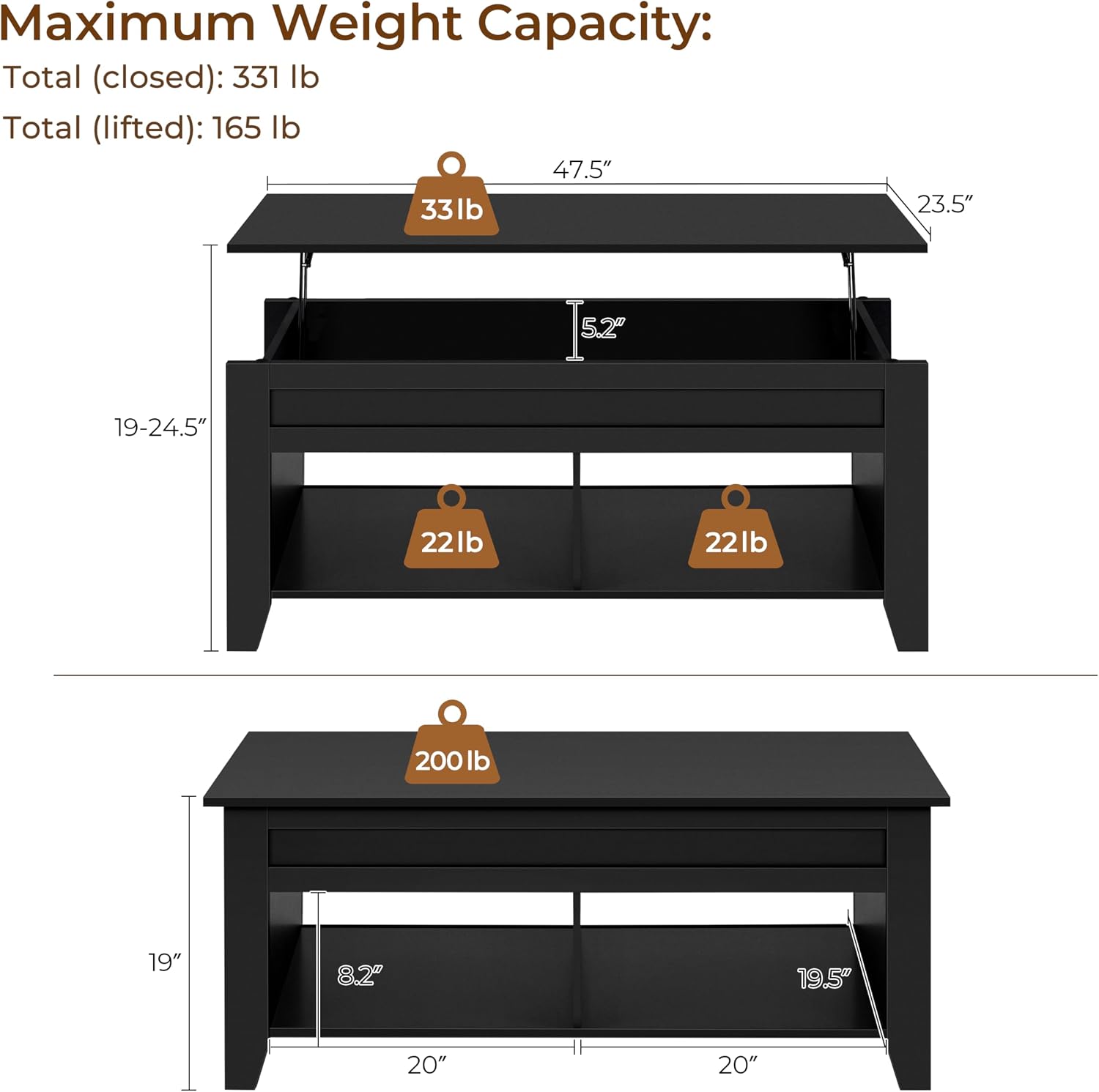 Yaheetech Lift Top Coffee Table with Hidden Storage Compartment Gray 47.5in
