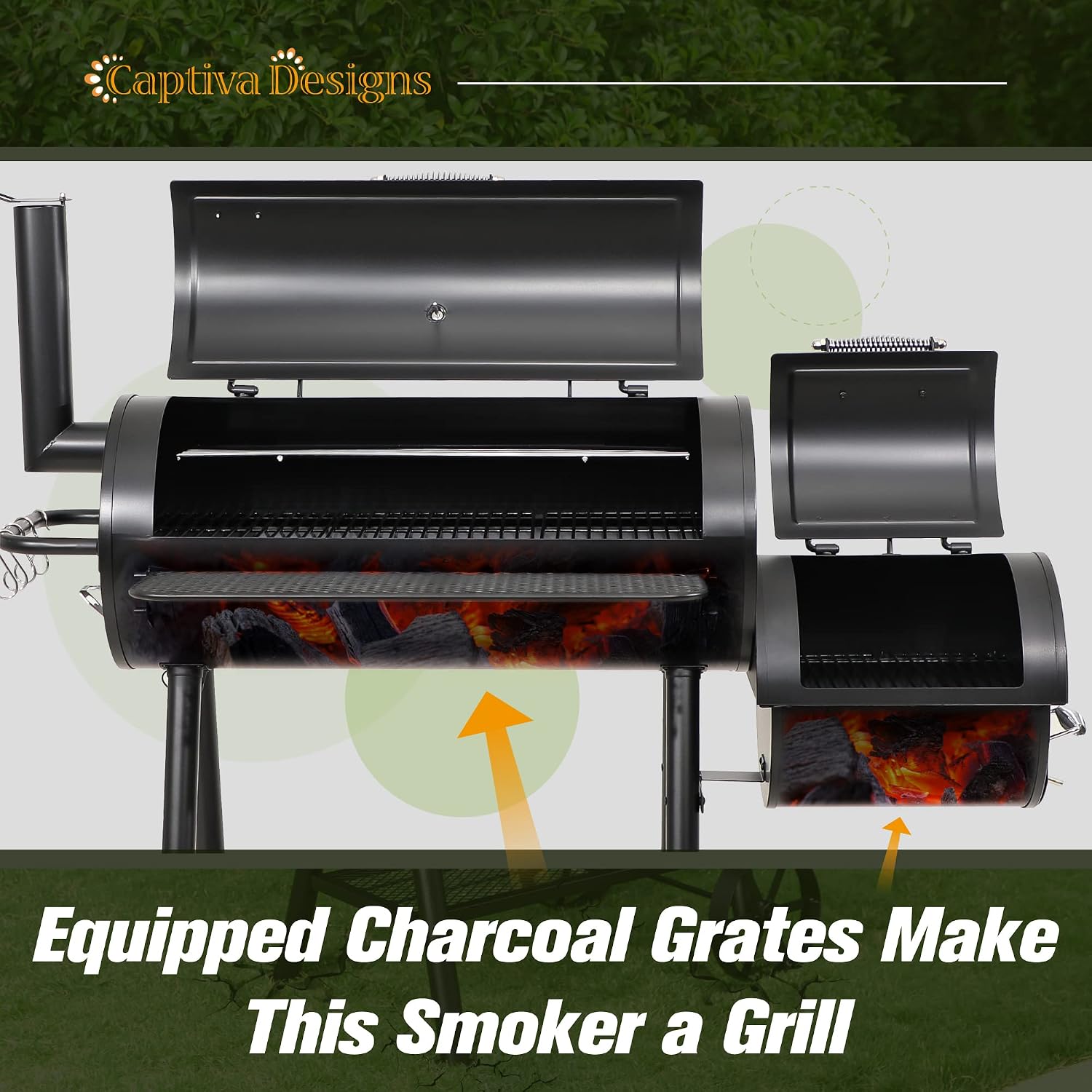 Captiva Designs Vertical Charcoal Smoker Grill Extra Large Barbecue Grill | 961 SQ.IN Outdoor Barrel BBQ Meat Smoker with 5 Removable Smoking Grates & Built-in Hooks for Outdoor Backyard Cooking